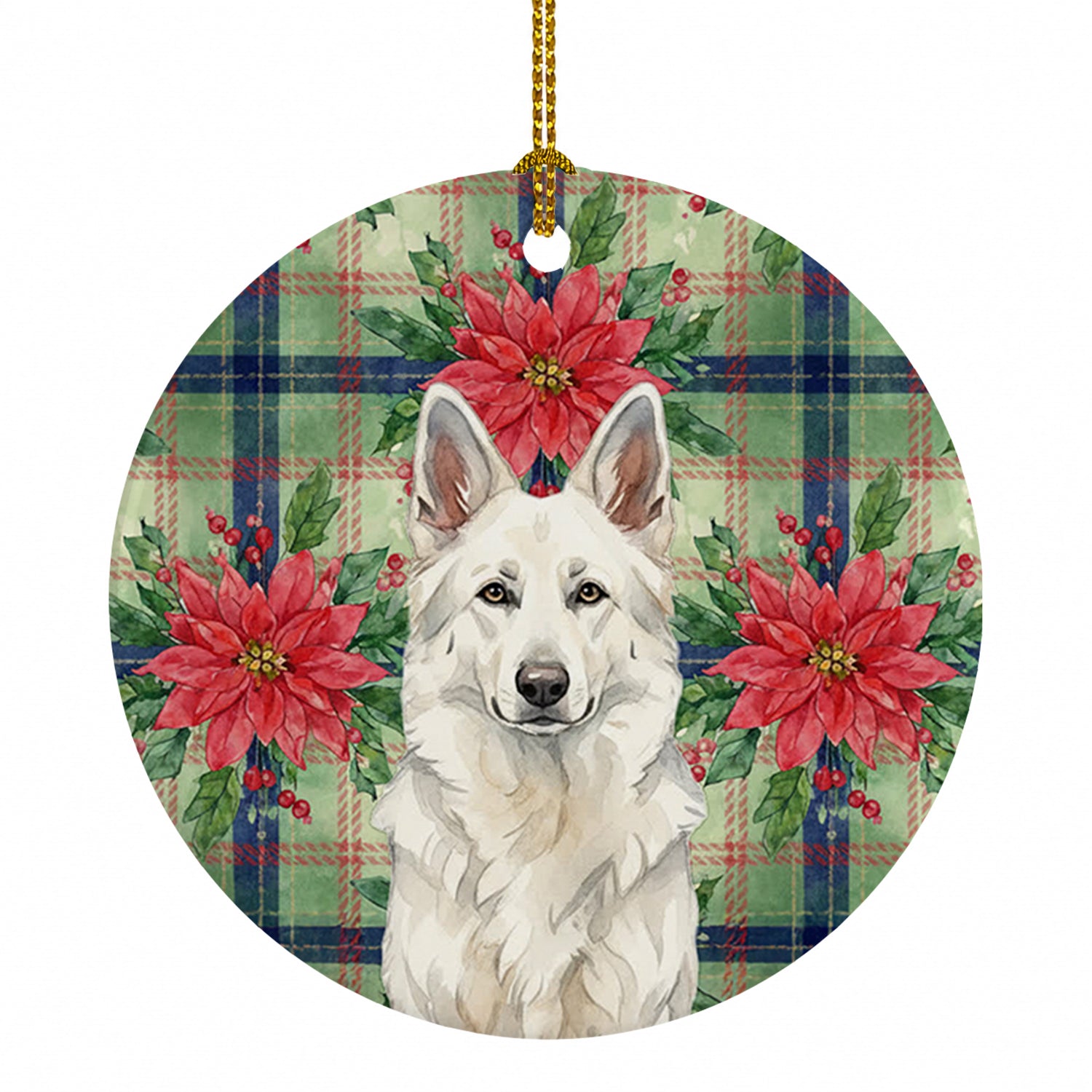 White German Shepherd Christmas PoinsettIas Ceramic Ornament Christmas Tree Hanging Decorations for Home Christmas Holiday, Party, Gift, 3 in, Multicolor