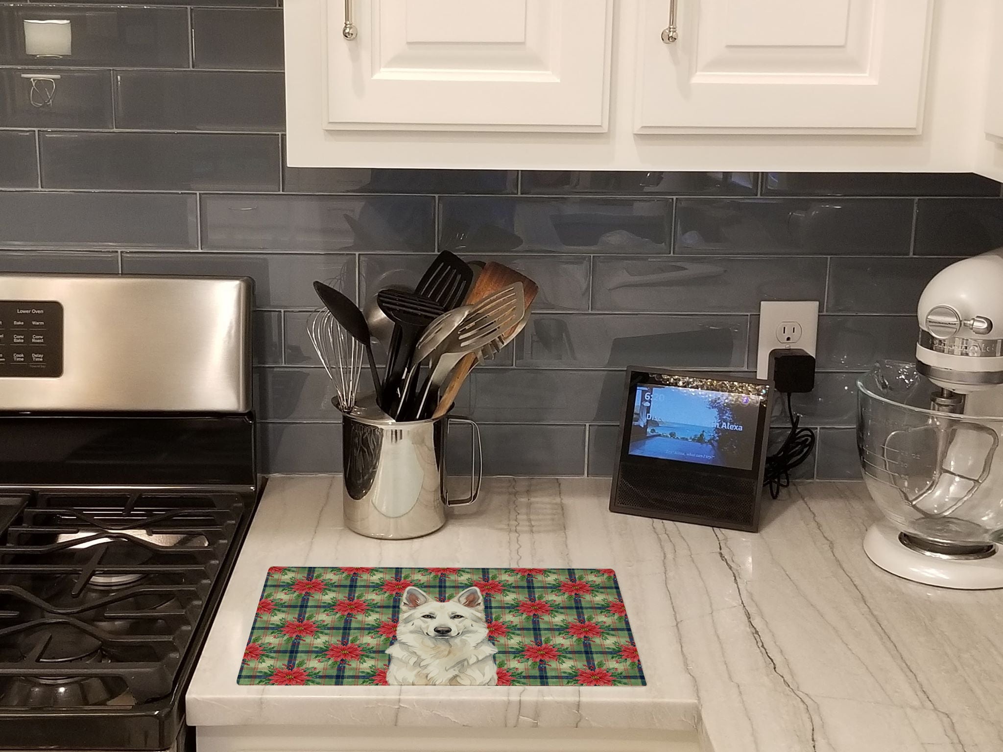 White German Shepherd Christmas PoinsettIas Cutting Board Tempered Glass Kitchen Cutting Surface, Heat Resistant Chopping, Non-Slip Feet, Food Prep & Serving