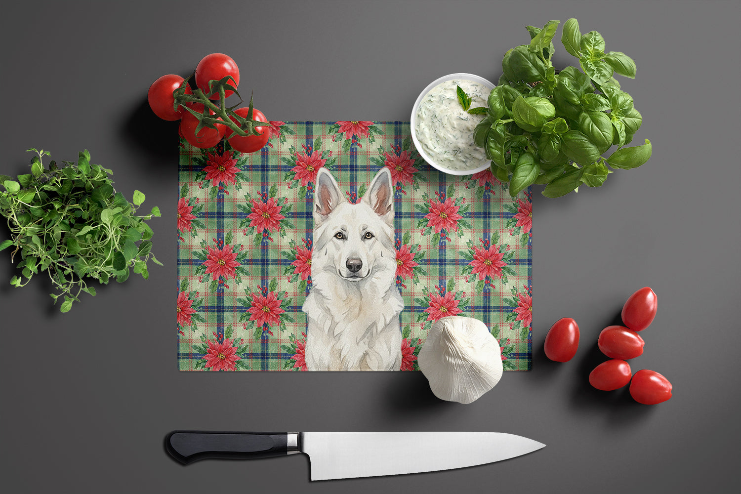 White German Shepherd Christmas PoinsettIas Cutting Board Tempered Glass Kitchen Cutting Surface, Heat Resistant Chopping, Non-Slip Feet, Food Prep & Serving