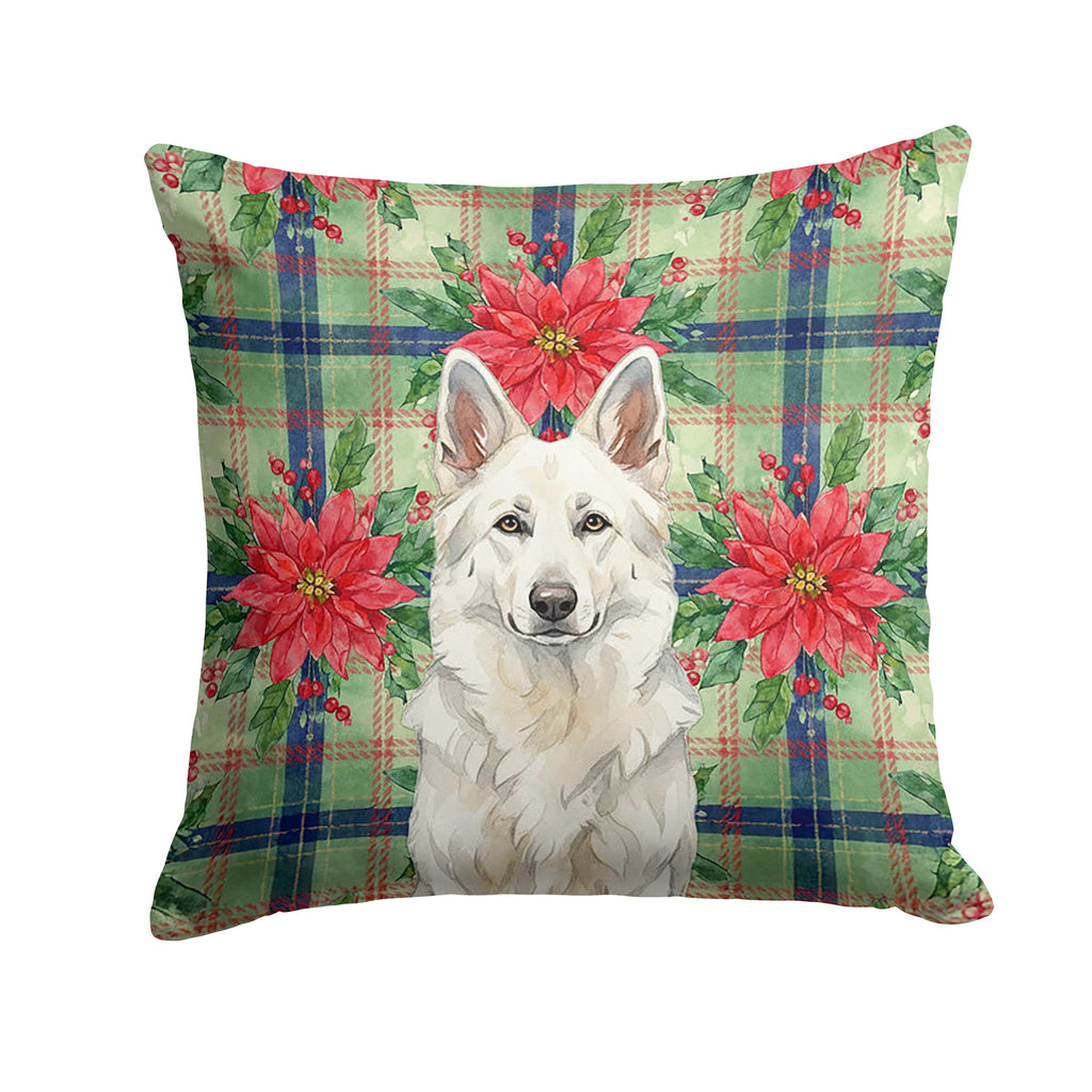 White German Shepherd Christmas PoinsettIas Decorative Throw Pillow 14x14 Indoor Outdoor Accent Cushion, Fabric Cover with Insert for Sofa, Bed, Porch & Living Room