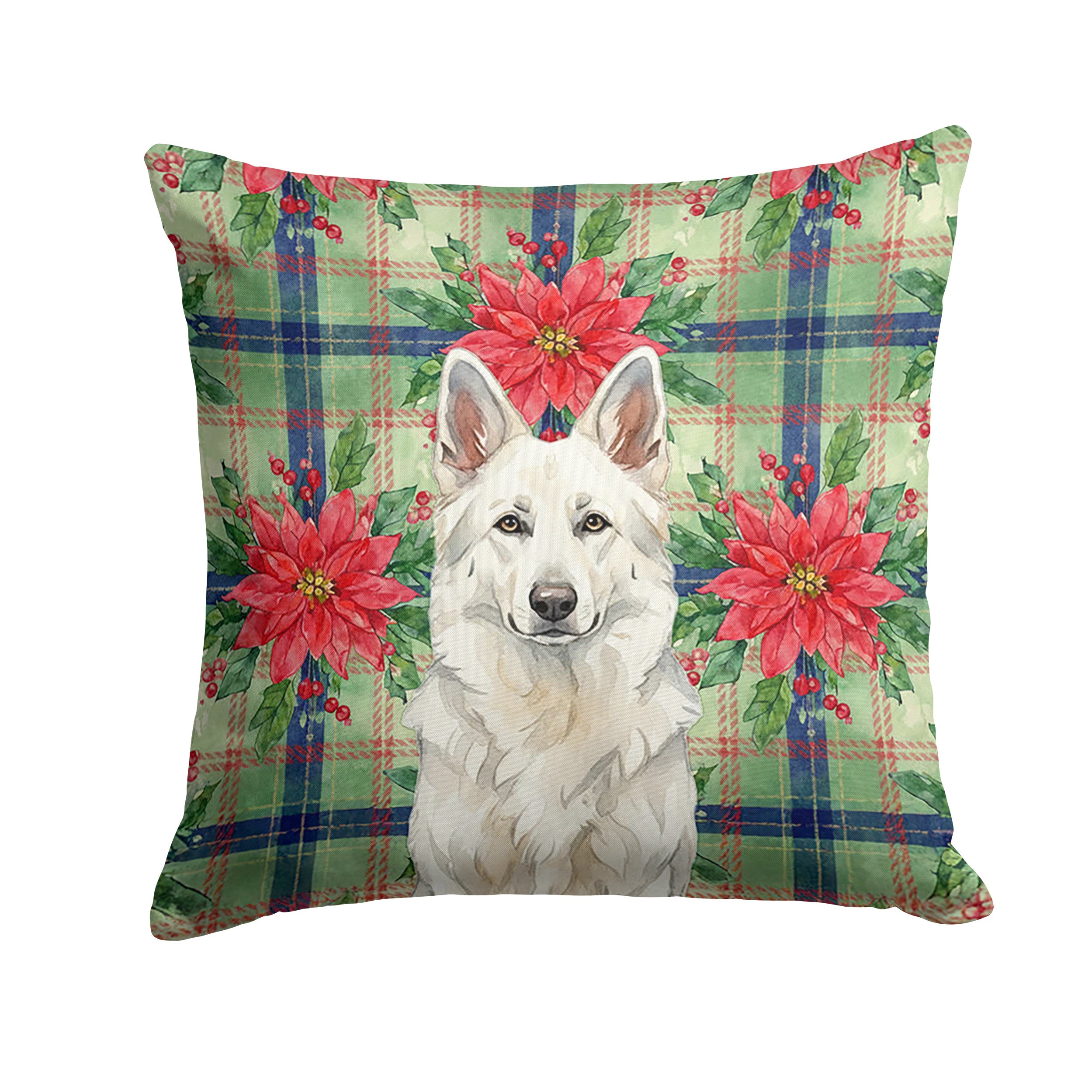 White German Shepherd Christmas PoinsettIas Decorative Throw Pillow 14x14 Indoor Outdoor Accent Cushion, Fabric Cover with Insert for Sofa, Bed, Porch & Living Room