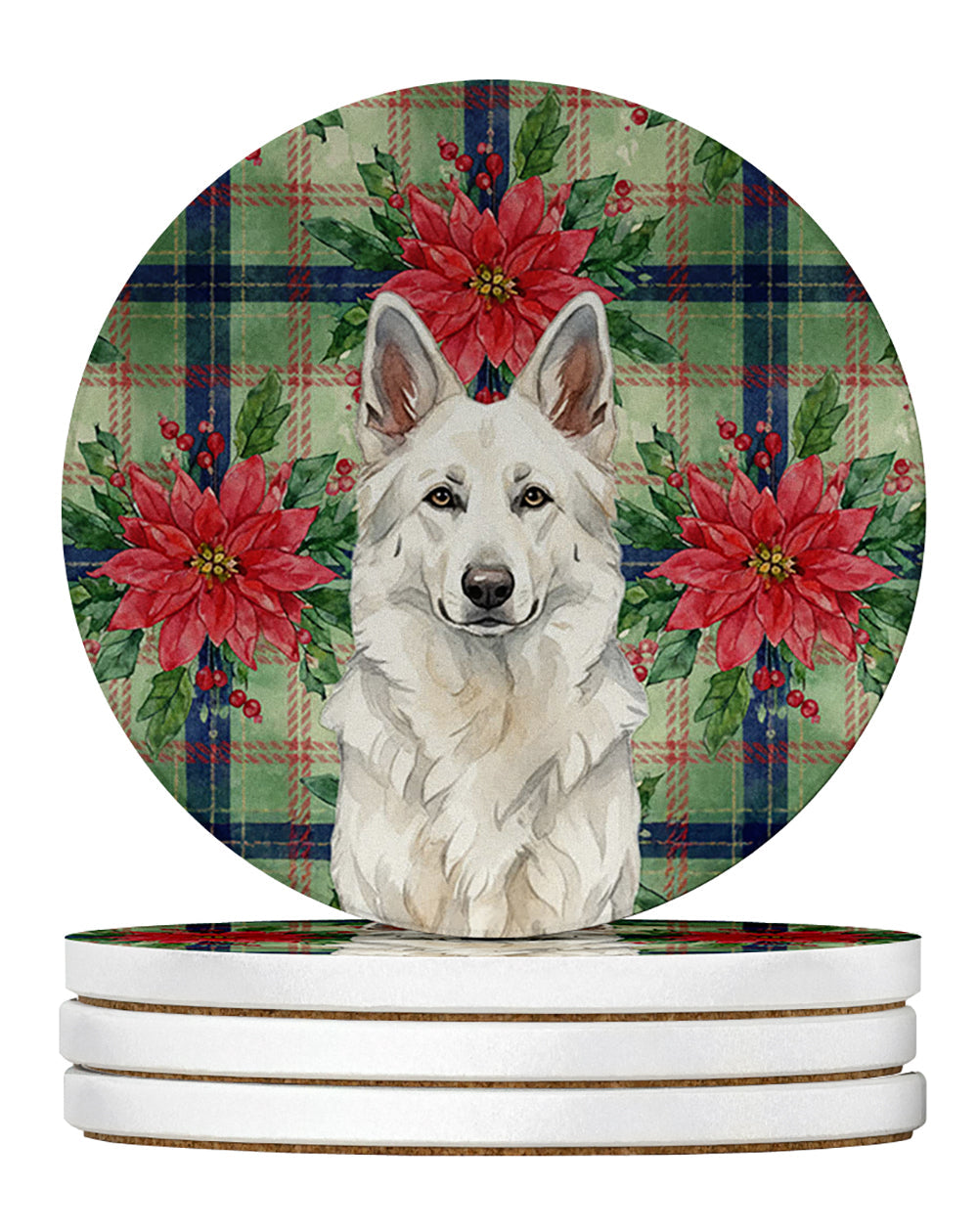 White German Shepherd Christmas PoinsettIas Large Sandstone Coasters Pack of 4 Absorbent Round Coasters Decor Gifts for Men or Women, 4 in, Multicolor