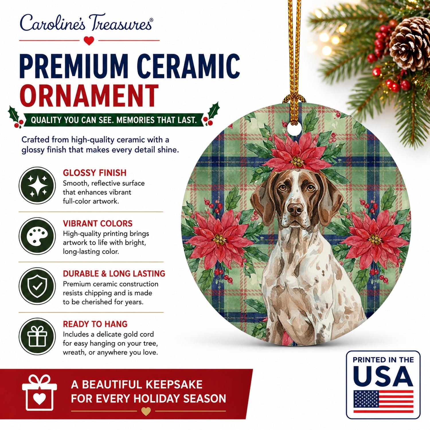 German Shorthaired Pointer Christmas PoinsettIas Ceramic Ornament Christmas Tree Hanging Decorations for Home Christmas Holiday, Party, Gift, 3 in, Multicolor