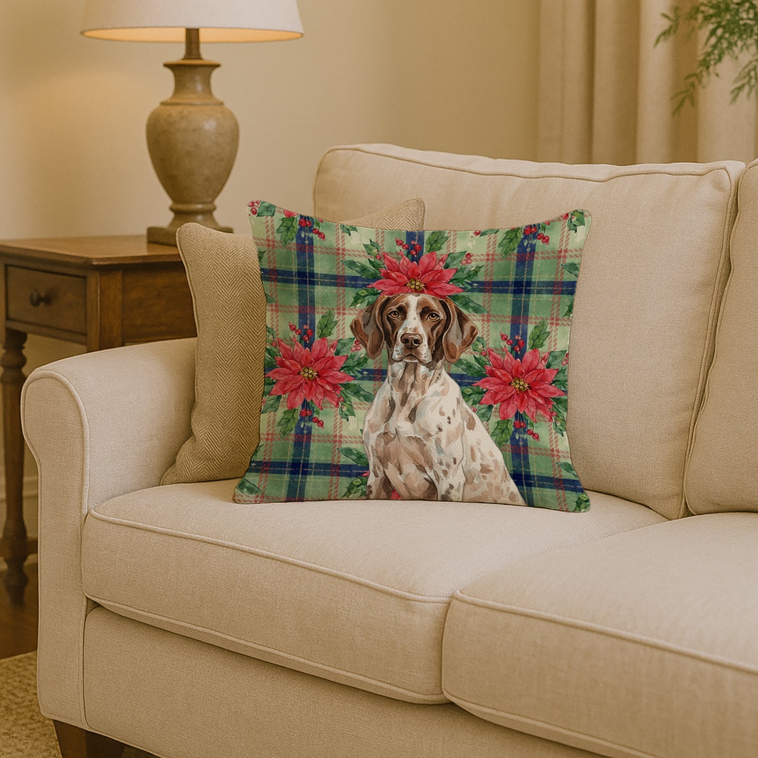 German Shorthaired Pointer Christmas PoinsettIas Decorative Throw Pillow 14x14 Indoor Outdoor Accent Cushion, Fabric Cover with Insert for Sofa, Bed, Porch & Living Room