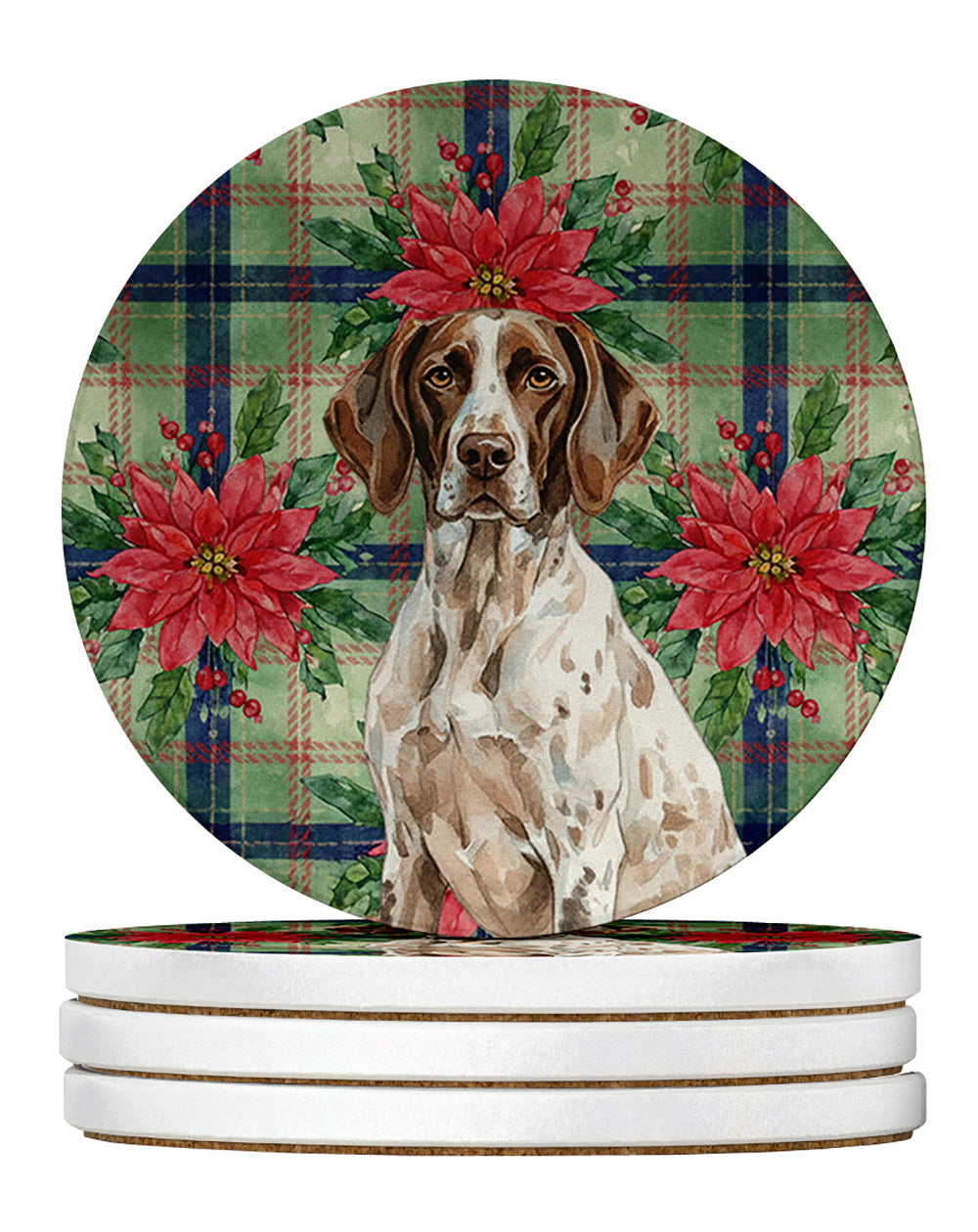 German Shorthaired Pointer Christmas PoinsettIas Large Sandstone Coasters Pack of 4 Absorbent Round Coasters Decor Gifts for Men or Women, 4 in, Multicolor
