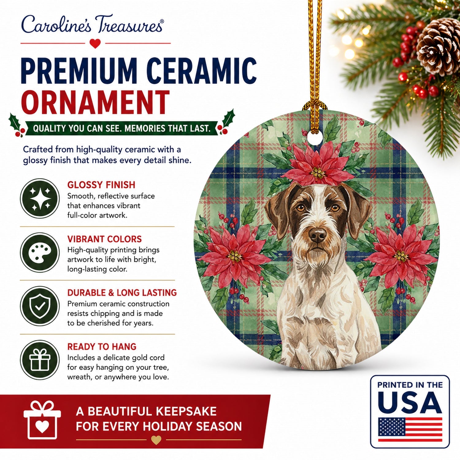 Liver and White German Wirehaired Pointer Christmas PoinsettIas Ceramic Ornament Christmas Tree Hanging Decorations for Home Christmas Holiday, Party, Gift, 3 in, Multicolor