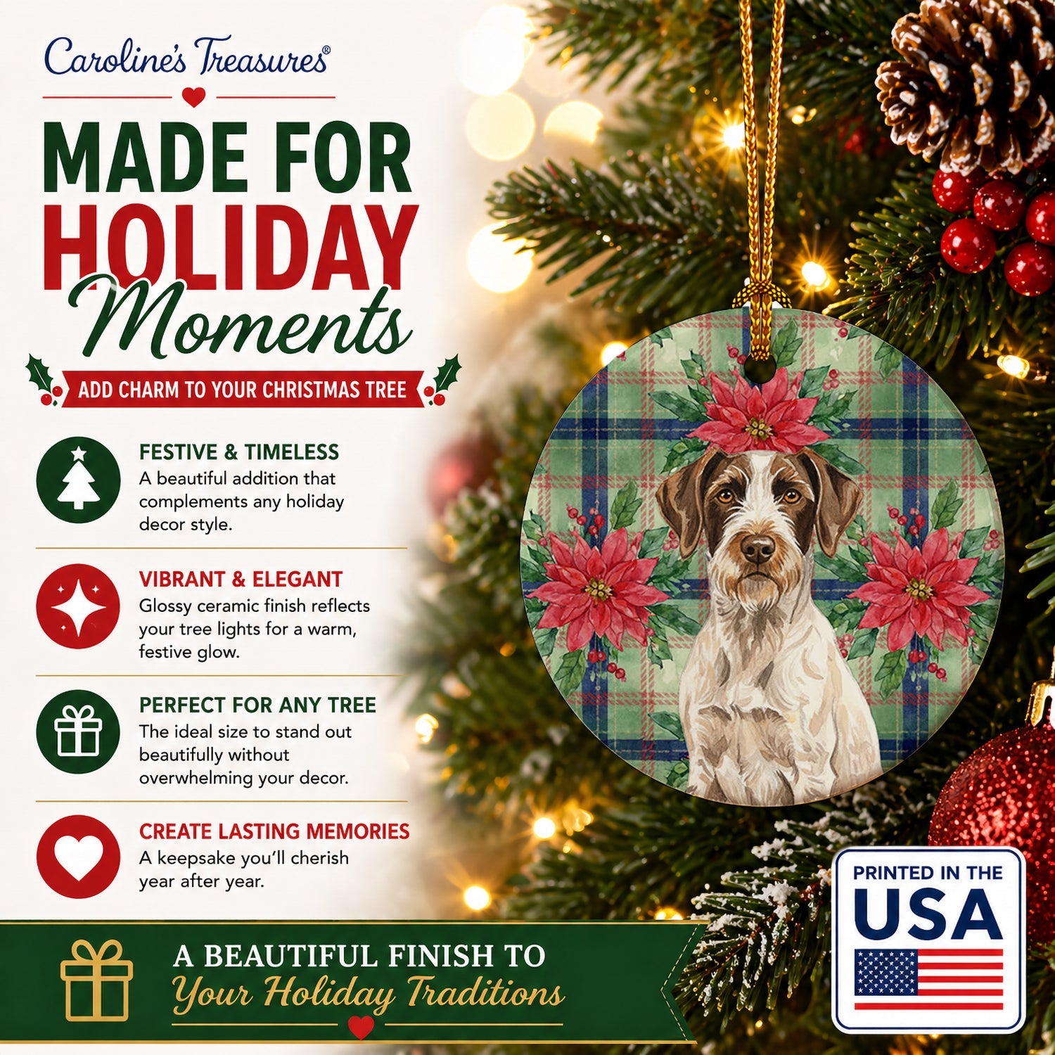 Liver and White German Wirehaired Pointer Christmas PoinsettIas Ceramic Ornament Christmas Tree Hanging Decorations for Home Christmas Holiday, Party, Gift, 3 in, Multicolor