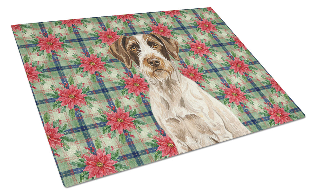 Liver and White German Wirehaired Pointer Christmas PoinsettIas Cutting Board Tempered Glass Kitchen Cutting Surface, Heat Resistant Chopping, Non-Slip Feet, Food Prep & Serving