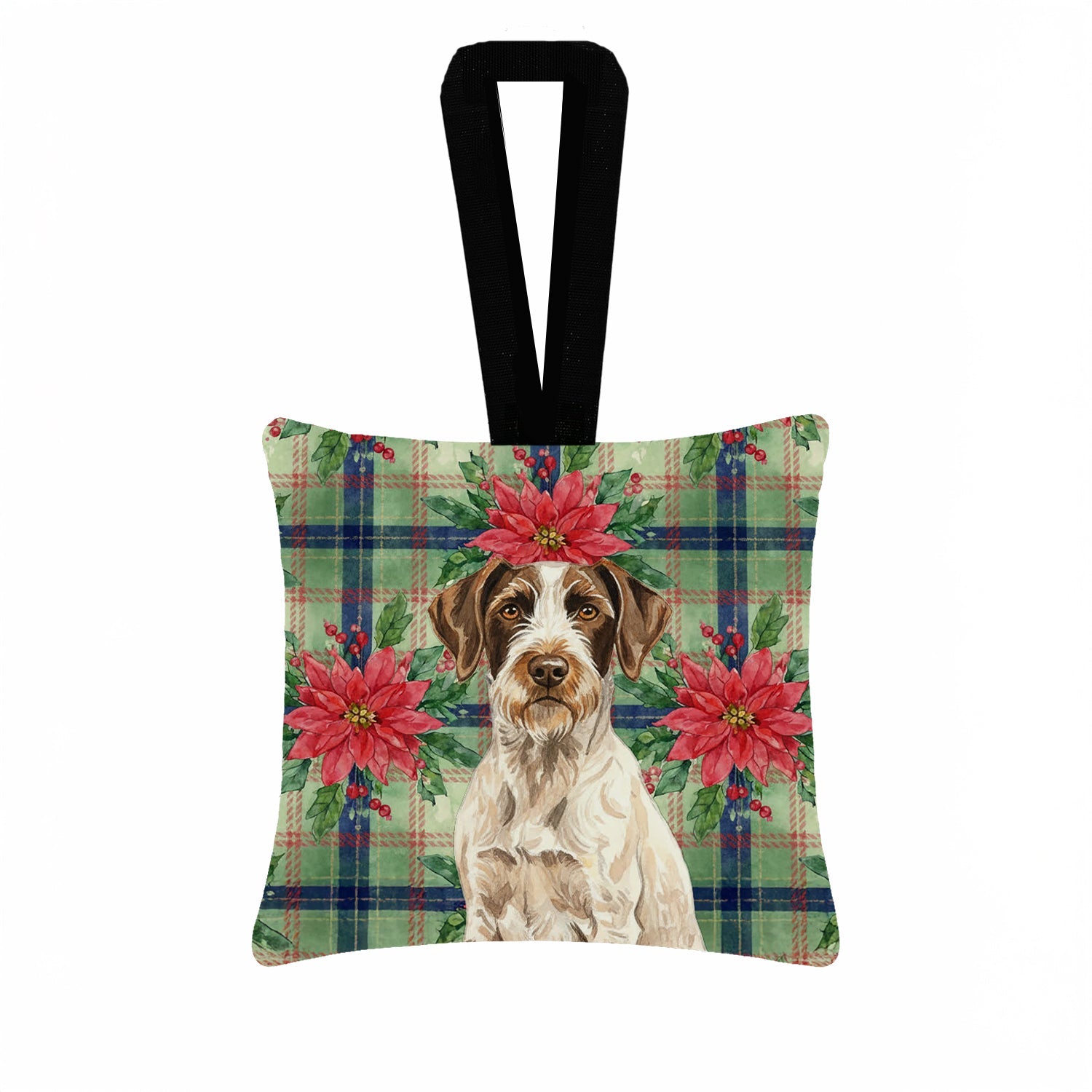 Liver and White German Wirehaired Pointer Christmas PoinsettIas Hanging Square Fabric Ornament 3.5 � 3.5 Decorative Door-Knob & Tree Hanger, Soft Fabric