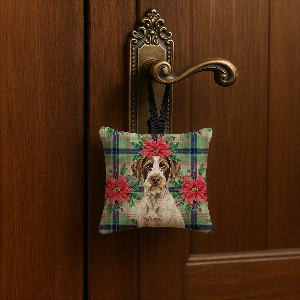 Liver and White German Wirehaired Pointer Christmas PoinsettIas Hanging Square Fabric Ornament 3.5 � 3.5 Decorative Door-Knob & Tree Hanger, Soft Fabric