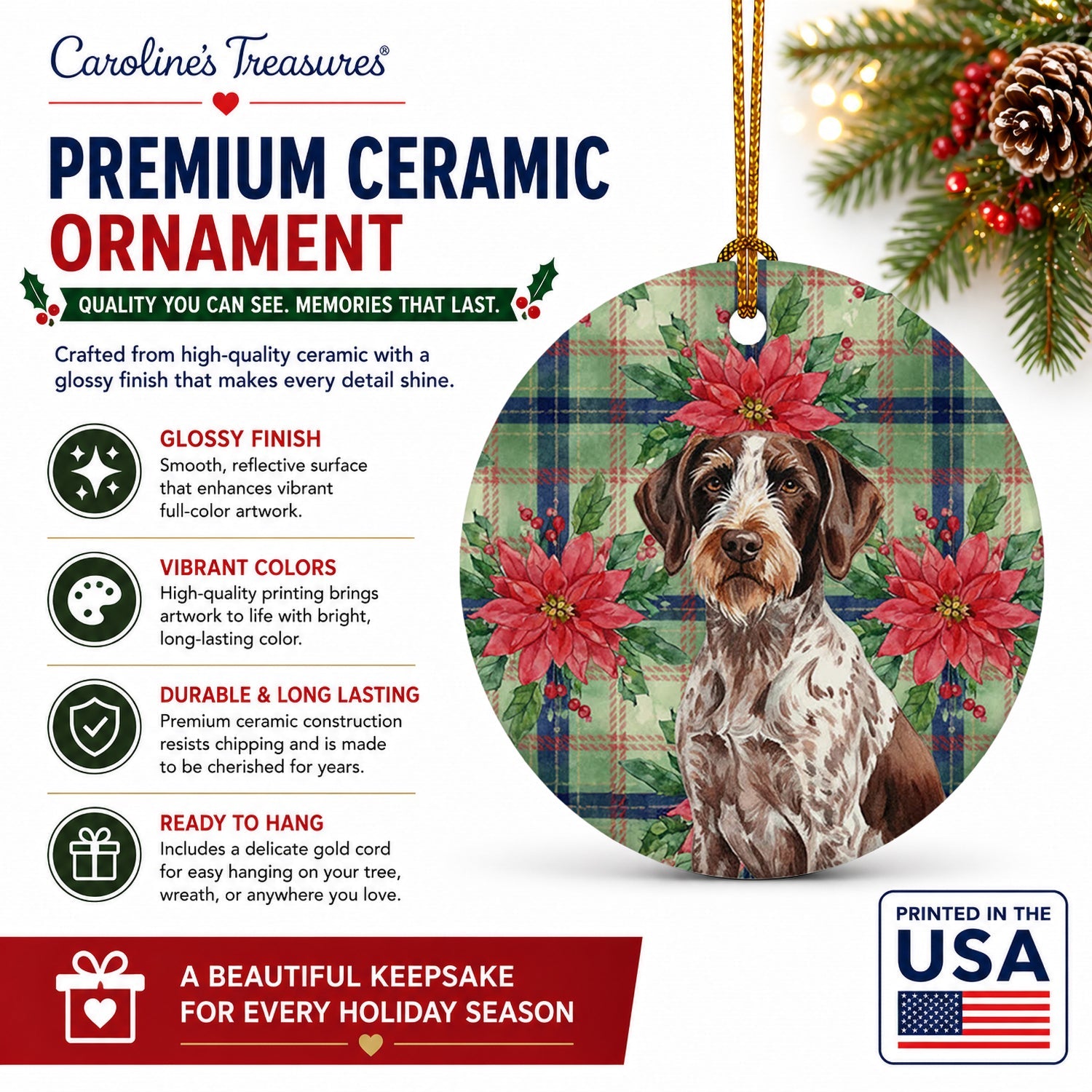 Roan German Wirehaired Pointer Christmas PoinsettIas Ceramic Ornament Christmas Tree Hanging Decorations for Home Christmas Holiday, Party, Gift, 3 in, Multicolor