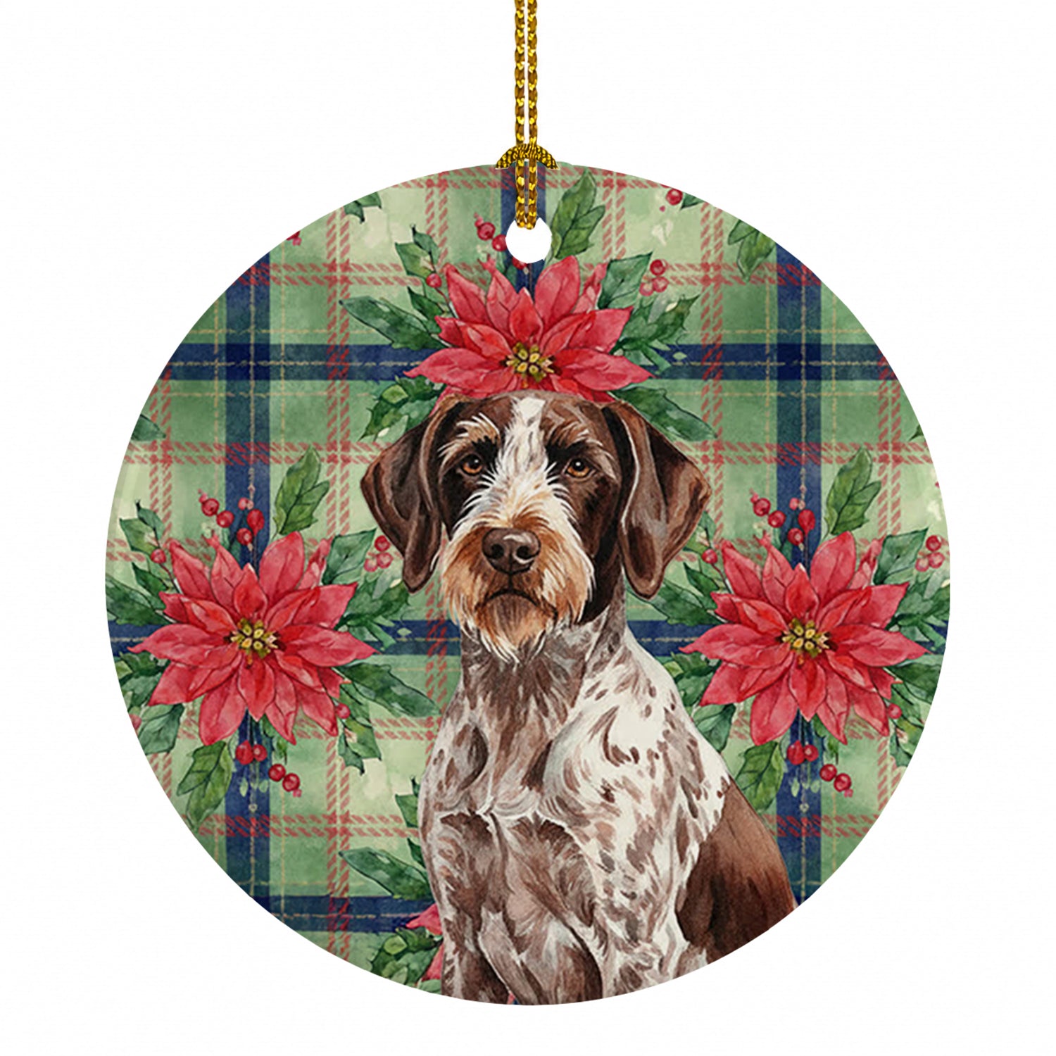 Roan German Wirehaired Pointer Christmas PoinsettIas Ceramic Ornament Christmas Tree Hanging Decorations for Home Christmas Holiday, Party, Gift, 3 in, Multicolor