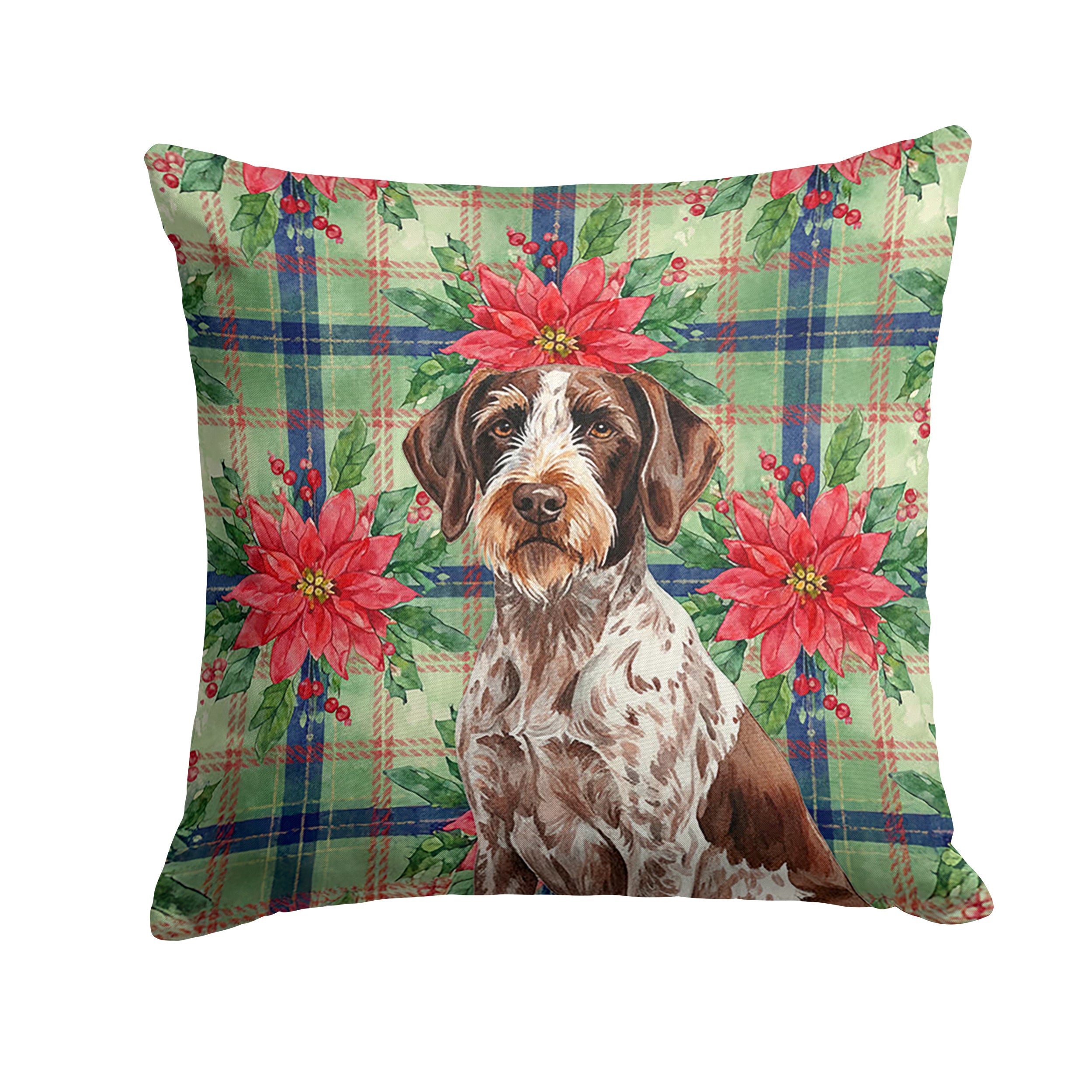 Roan German Wirehaired Pointer Christmas PoinsettIas Decorative Throw Pillow 18x18 Indoor Outdoor Accent Cushion, Fabric Cover with Insert for Sofa, Bed, Porch & Living Room