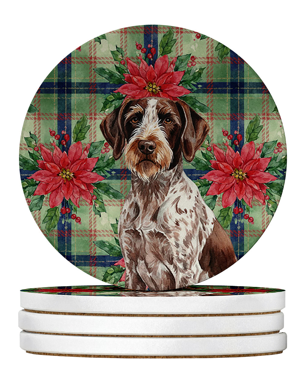 Roan German Wirehaired Pointer Christmas PoinsettIas Large Sandstone Coasters Pack of 4 Absorbent Round Coasters Decor Gifts for Men or Women, 4 in, Multicolor