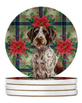 Roan German Wirehaired Pointer Christmas PoinsettIas Large Sandstone Coasters Pack of 4 Absorbent Round Coasters Decor Gifts for Men or Women, 4 in, Multicolor