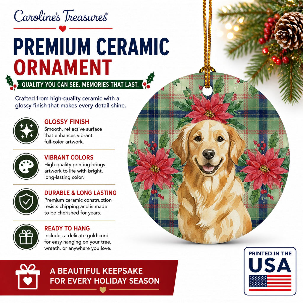 Golden Retriever Christmas PoinsettIas Ceramic Ornament Christmas Tree Hanging Decorations for Home Christmas Holiday, Party, Gift, 3 in, Multicolor