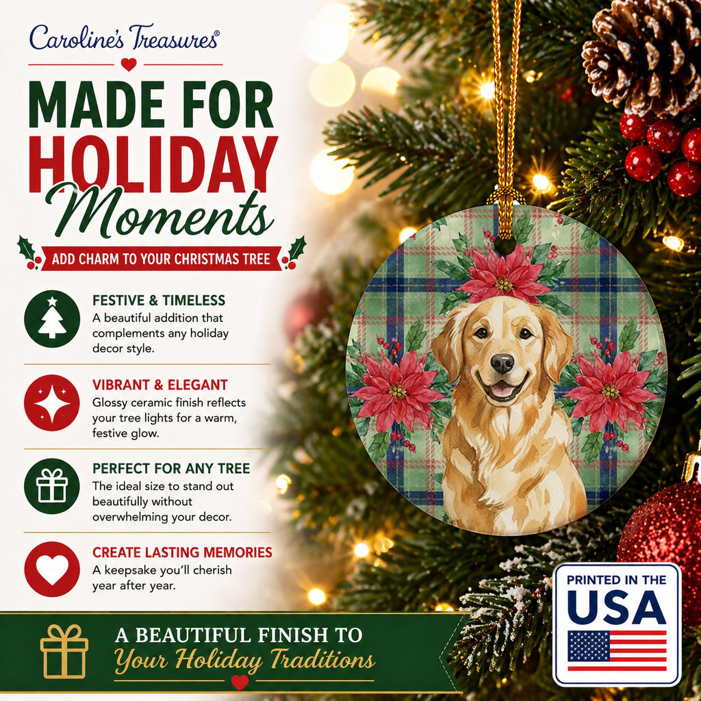 Golden Retriever Christmas PoinsettIas Ceramic Ornament Christmas Tree Hanging Decorations for Home Christmas Holiday, Party, Gift, 3 in, Multicolor