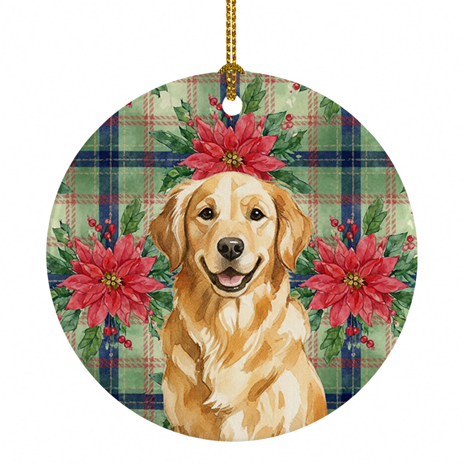 Golden Retriever Christmas PoinsettIas Ceramic Ornament Christmas Tree Hanging Decorations for Home Christmas Holiday, Party, Gift, 3 in, Multicolor