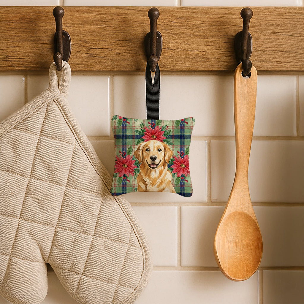 Golden Retriever Christmas PoinsettIas Hanging Square Fabric Ornament 3.5 � 3.5 Decorative Door-Knob & Tree Hanger, Soft Fabric