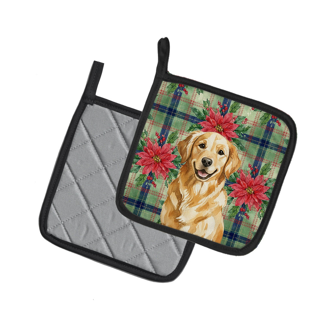 Golden Retriever Christmas PoinsettIas Pot Holder Set of 2 Heat Resistant Quilted Hot Pads 7.5 x 7.5 Inch, Insulated Kitchen Trivets for Cooking & Baking