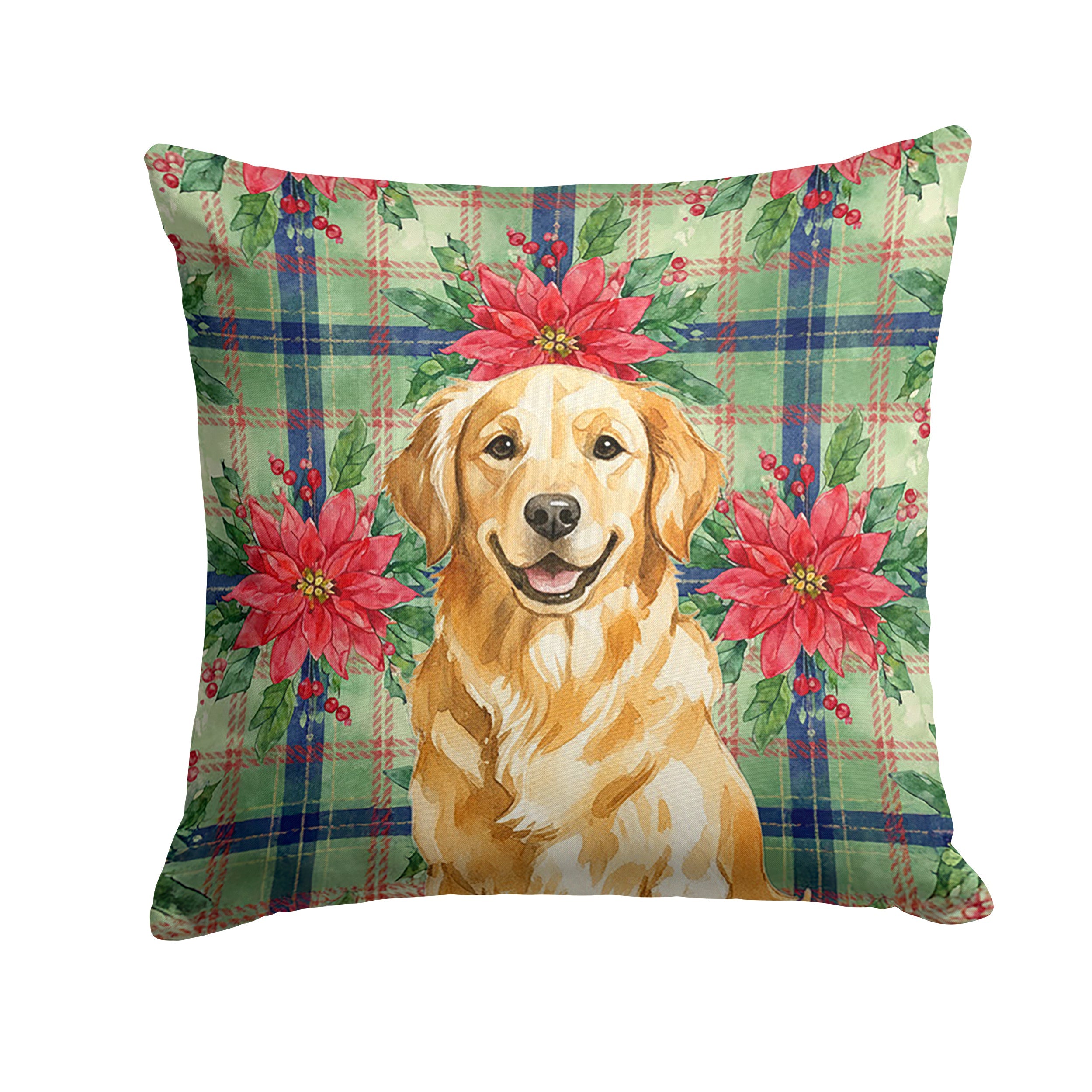 Golden Retriever Christmas PoinsettIas Decorative Throw Pillow 14x14 Indoor Outdoor Accent Cushion, Fabric Cover with Insert for Sofa, Bed, Porch & Living Room