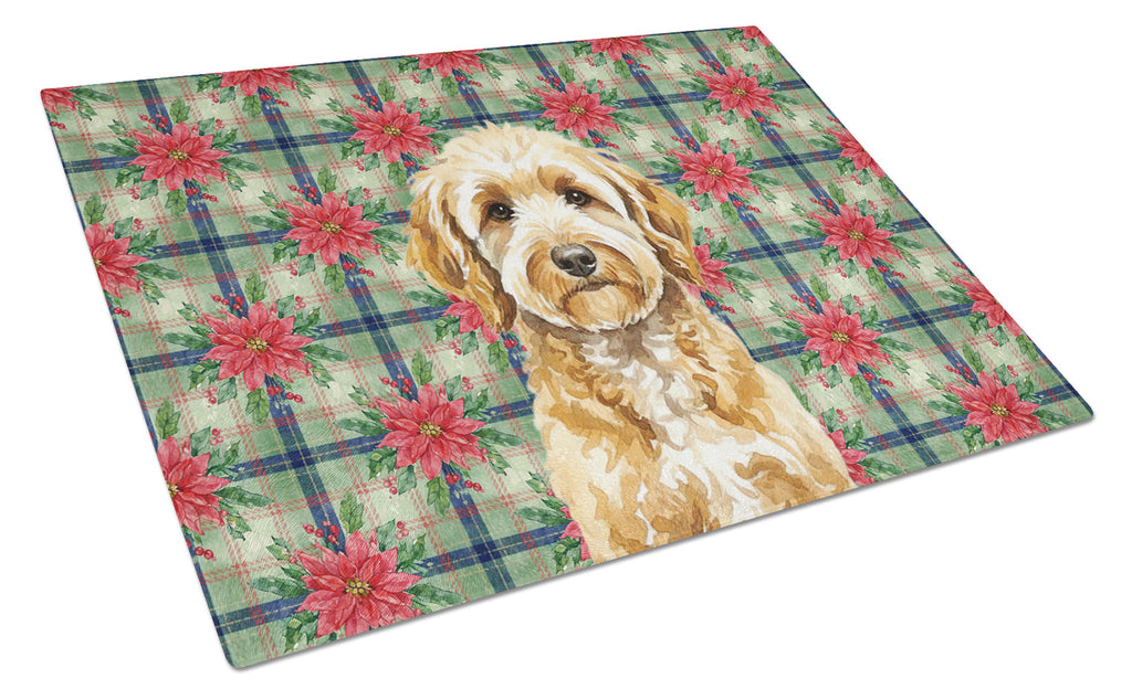 Goldendoodle Christmas PoinsettIas Cutting Board Tempered Glass Kitchen Cutting Surface, Heat Resistant Chopping, Non-Slip Feet, Food Prep & Serving