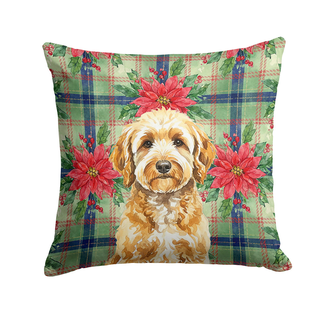Goldendoodle Christmas PoinsettIas Decorative Throw Pillow 14x14 Indoor Outdoor Accent Cushion, Fabric Cover with Insert for Sofa, Bed, Porch & Living Room