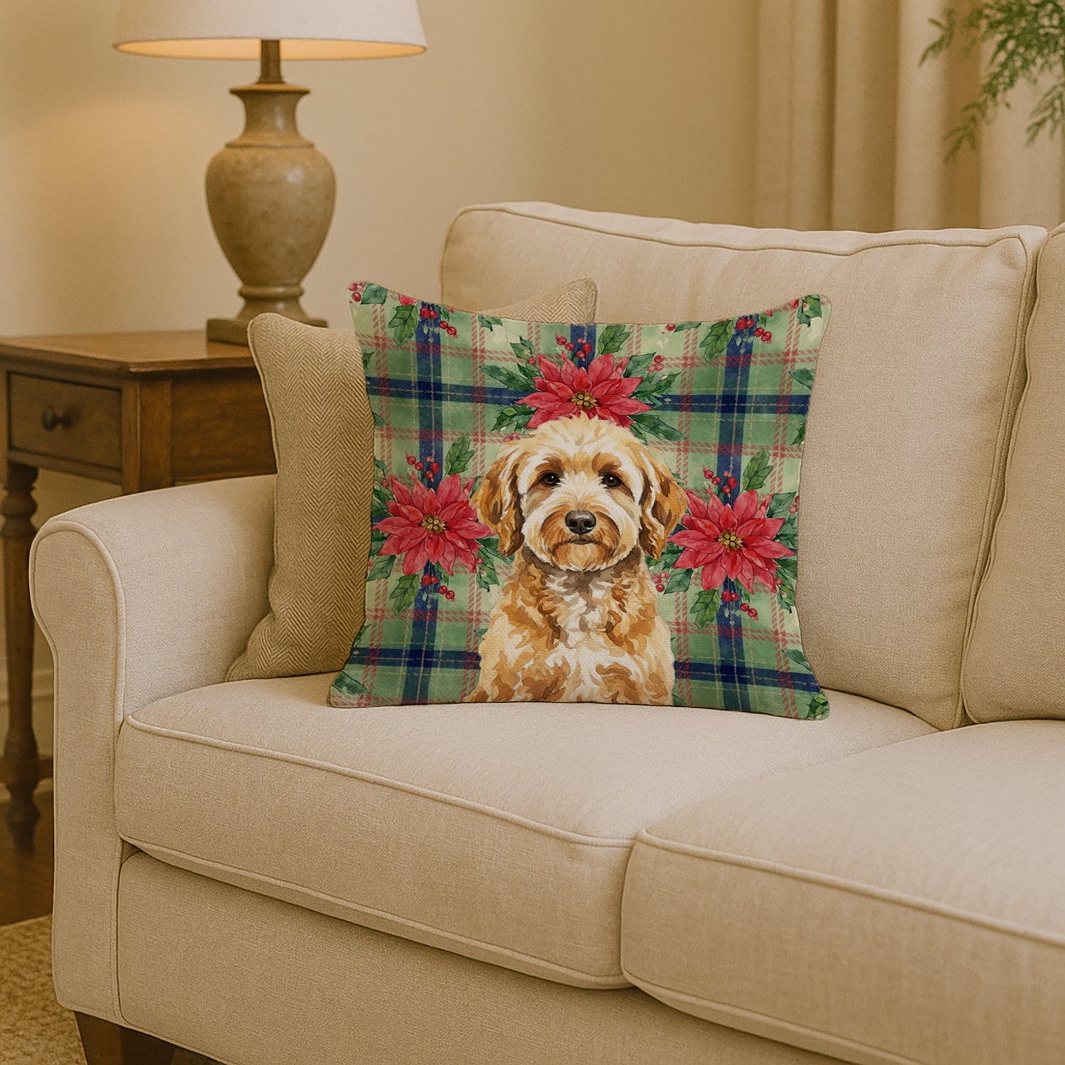 Goldendoodle Christmas PoinsettIas Decorative Throw Pillow 14x14 Indoor Outdoor Accent Cushion, Fabric Cover with Insert for Sofa, Bed, Porch & Living Room