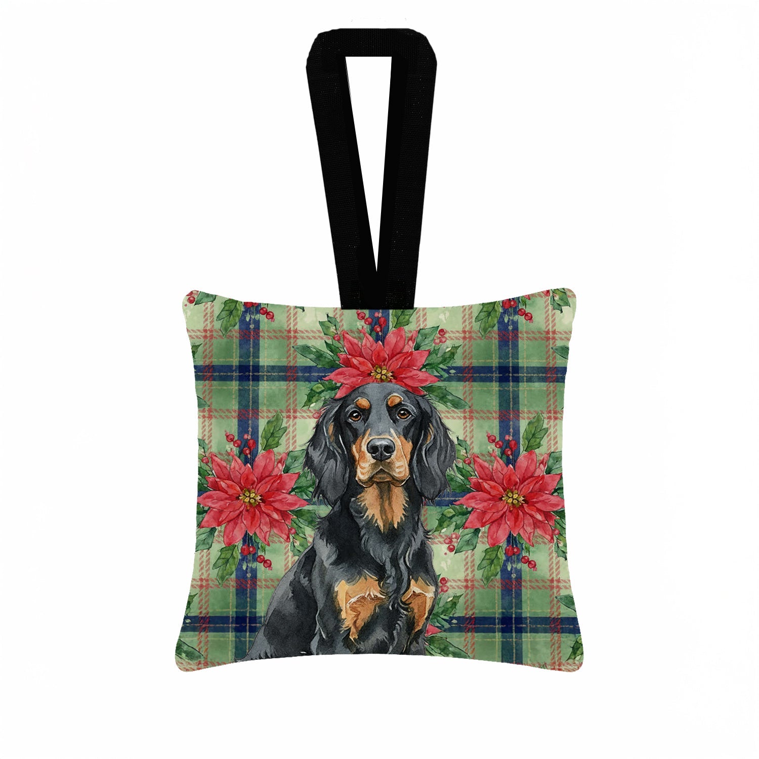 Gordon Setter Christmas PoinsettIas Hanging Square Fabric Ornament 3.5 � 3.5 Decorative Door-Knob & Tree Hanger, Soft Fabric