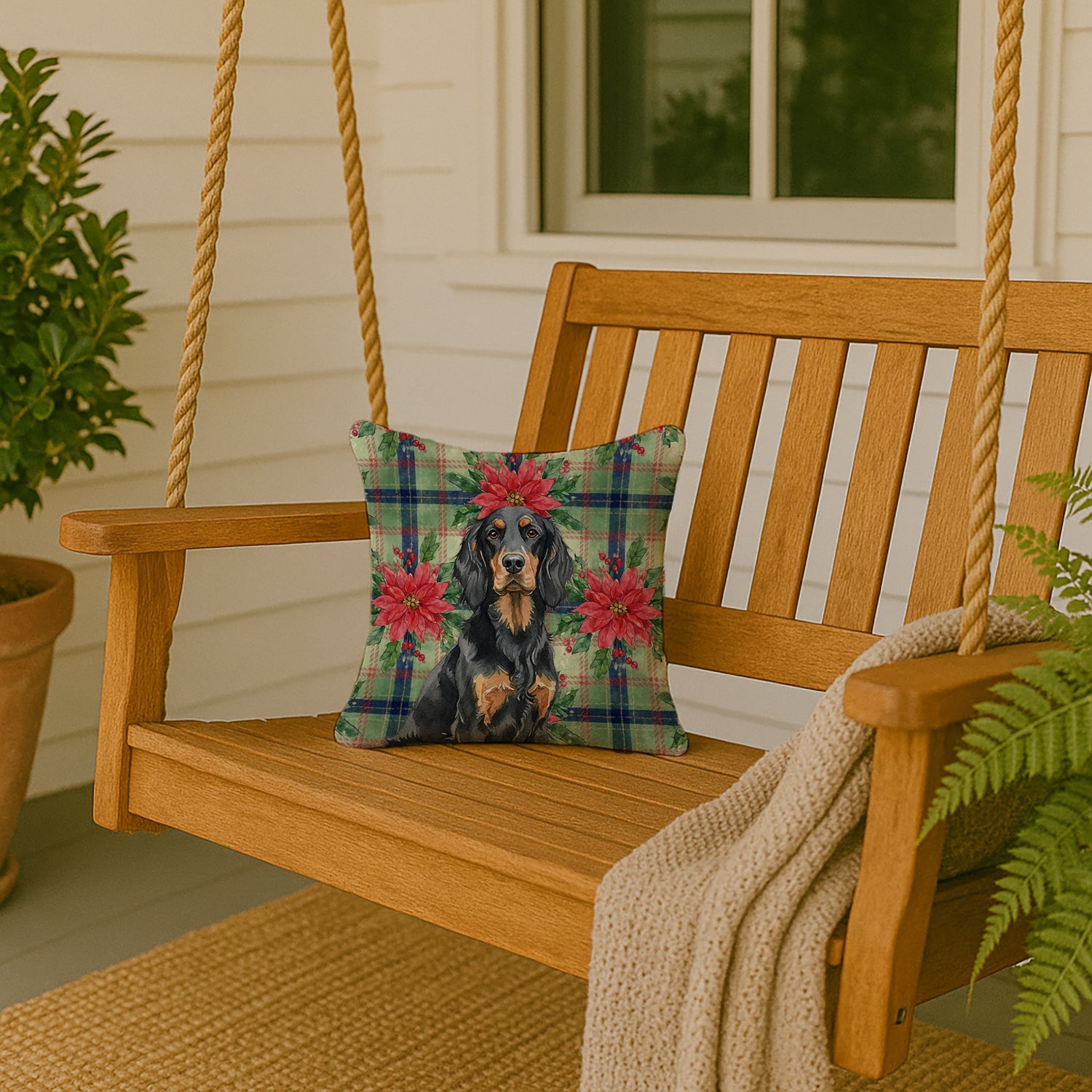 Gordon Setter Christmas PoinsettIas Decorative Throw Pillow 14x14 Indoor Outdoor Accent Cushion, Fabric Cover with Insert for Sofa, Bed, Porch & Living Room