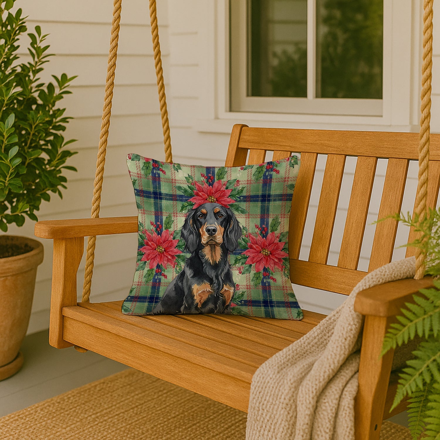 Gordon Setter Christmas PoinsettIas Decorative Throw Pillow 18x18 Indoor Outdoor Accent Cushion, Fabric Cover with Insert for Sofa, Bed, Porch & Living Room
