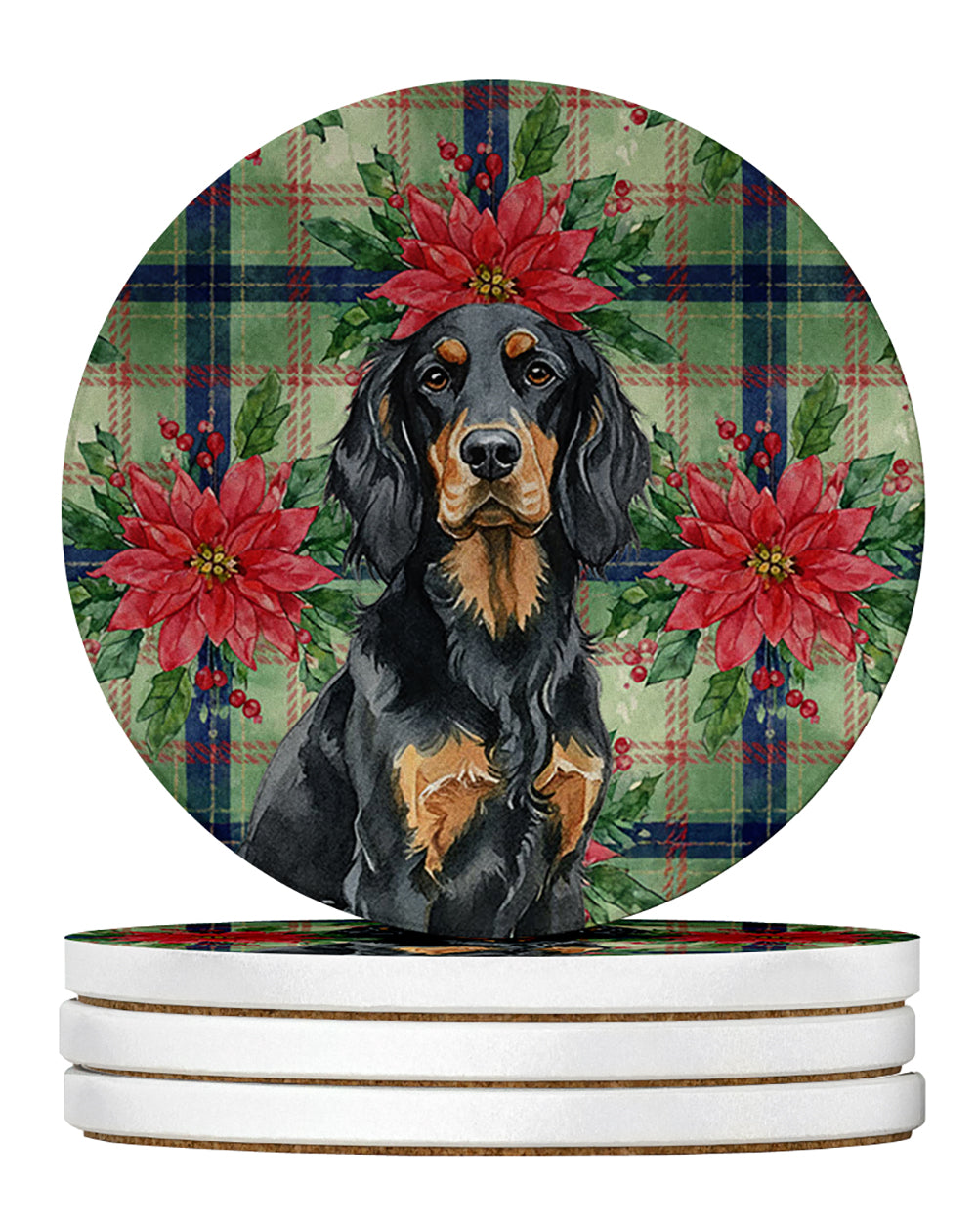 Gordon Setter Christmas PoinsettIas Large Sandstone Coasters Pack of 4 Absorbent Round Coasters Decor Gifts for Men or Women, 4 in, Multicolor