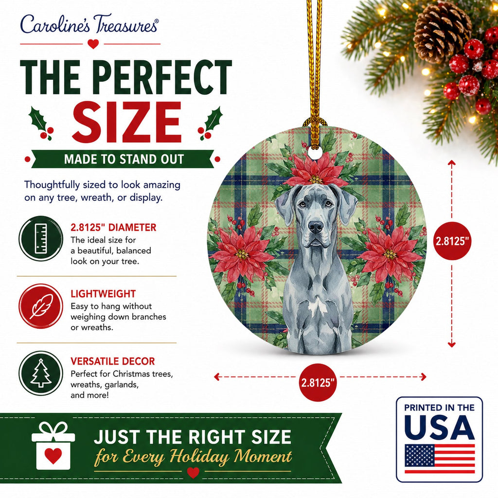 Blue Great Dane Christmas PoinsettIas Ceramic Ornament Christmas Tree Hanging Decorations for Home Christmas Holiday, Party, Gift, 3 in, Multicolor