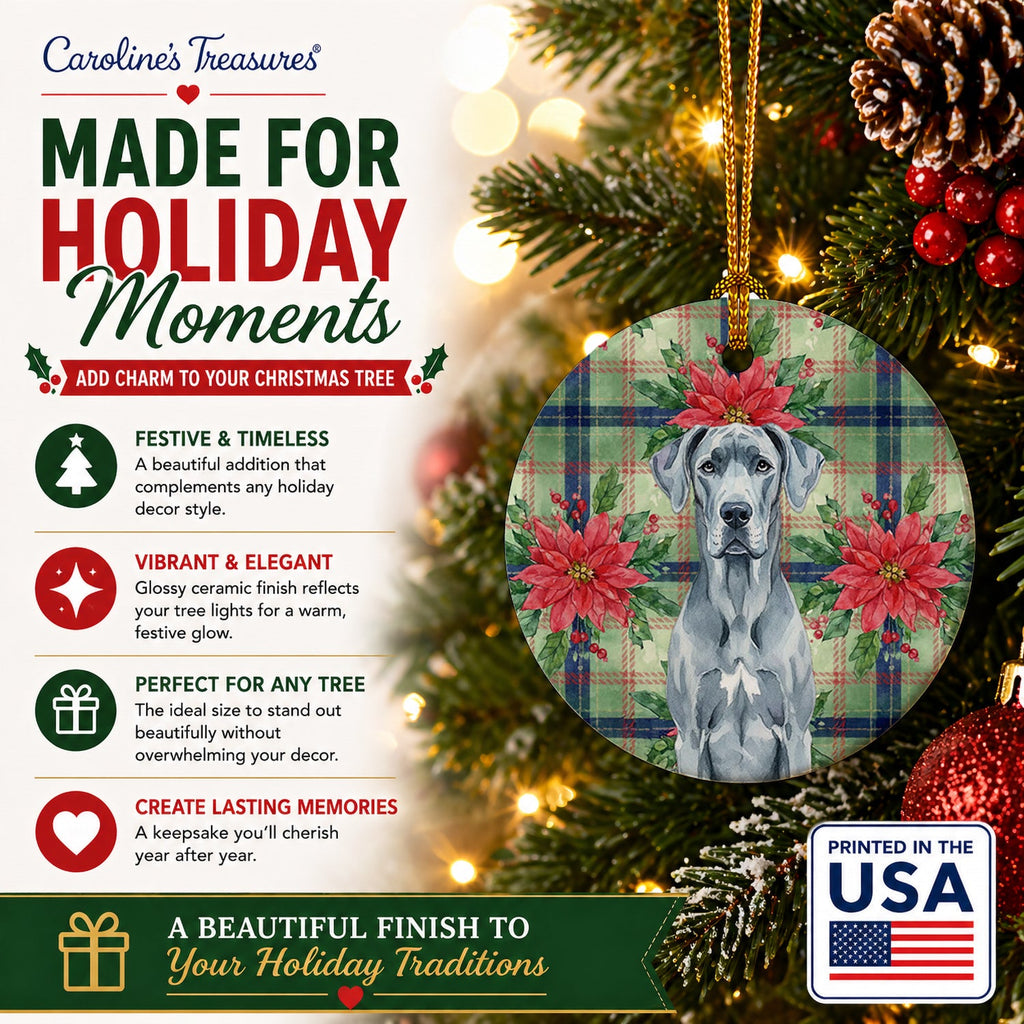 Blue Great Dane Christmas PoinsettIas Ceramic Ornament Christmas Tree Hanging Decorations for Home Christmas Holiday, Party, Gift, 3 in, Multicolor