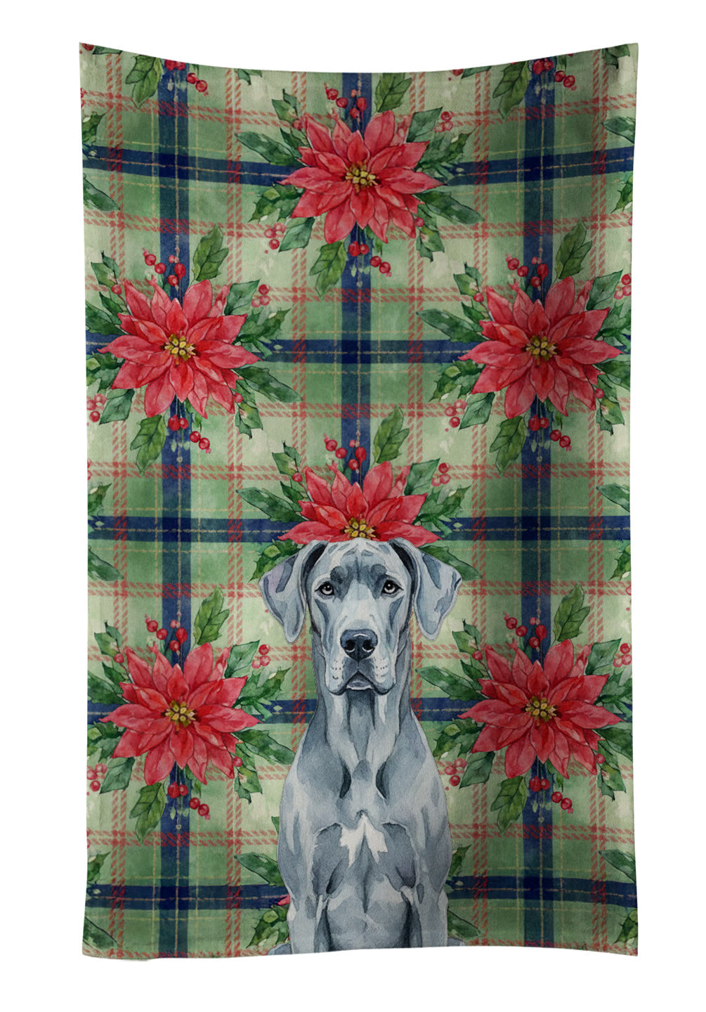 Blue Great Dane Christmas PoinsettIas Kitchen Towel Velour Plush Front and Cotton Loop Back Machine Washable