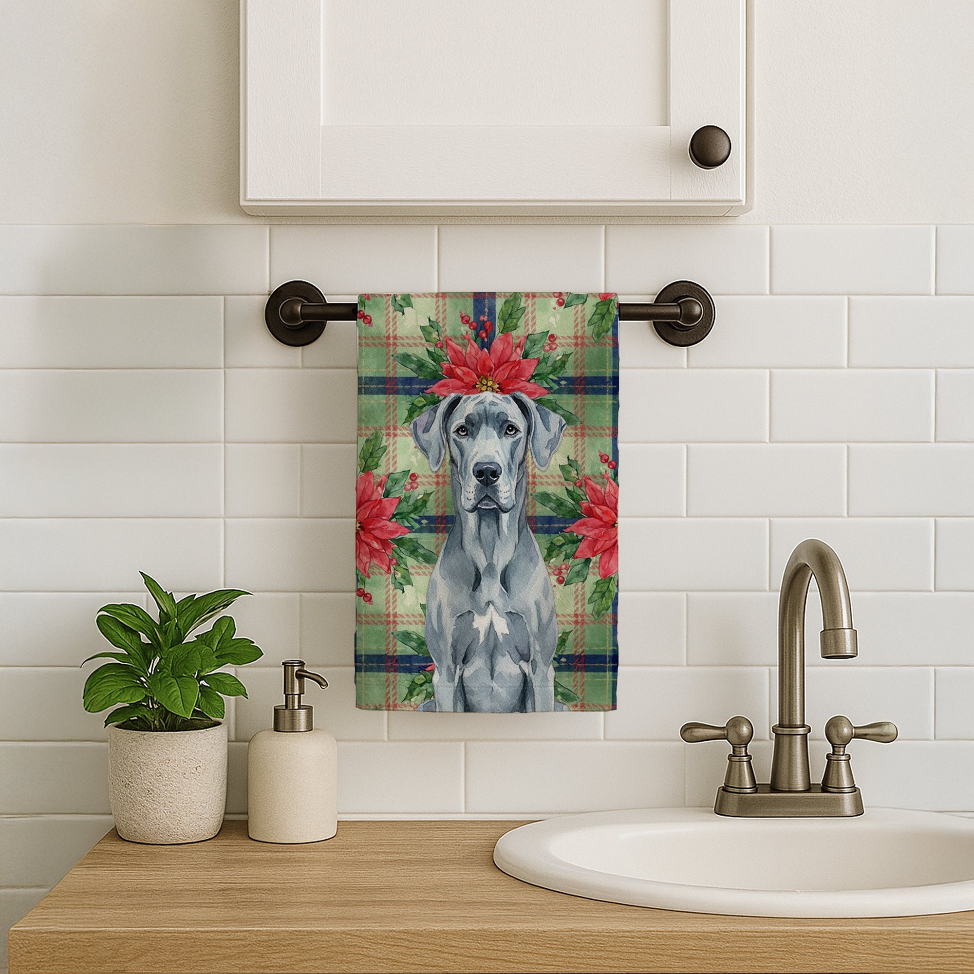 Blue Great Dane Christmas PoinsettIas Kitchen Towel Velour Plush Front and Cotton Loop Back Machine Washable