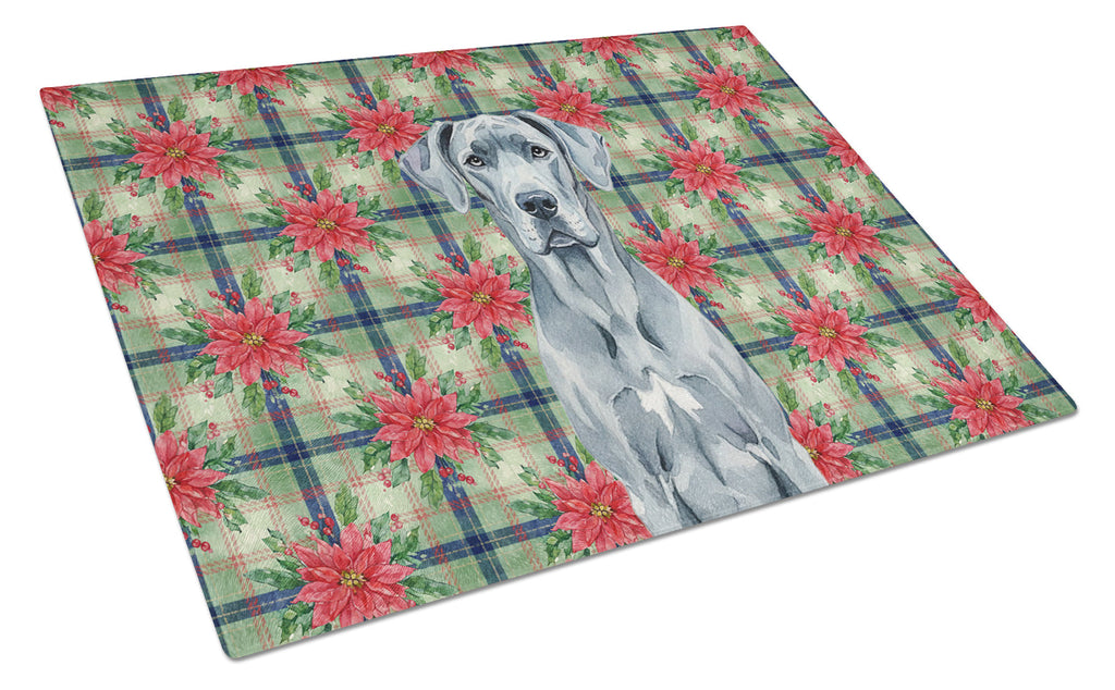 Blue Great Dane Christmas PoinsettIas Cutting Board Tempered Glass Kitchen Cutting Surface, Heat Resistant Chopping, Non-Slip Feet, Food Prep & Serving