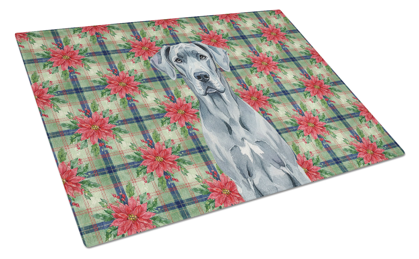 Blue Great Dane Christmas PoinsettIas Cutting Board Tempered Glass Kitchen Cutting Surface, Heat Resistant Chopping, Non-Slip Feet, Food Prep & Serving