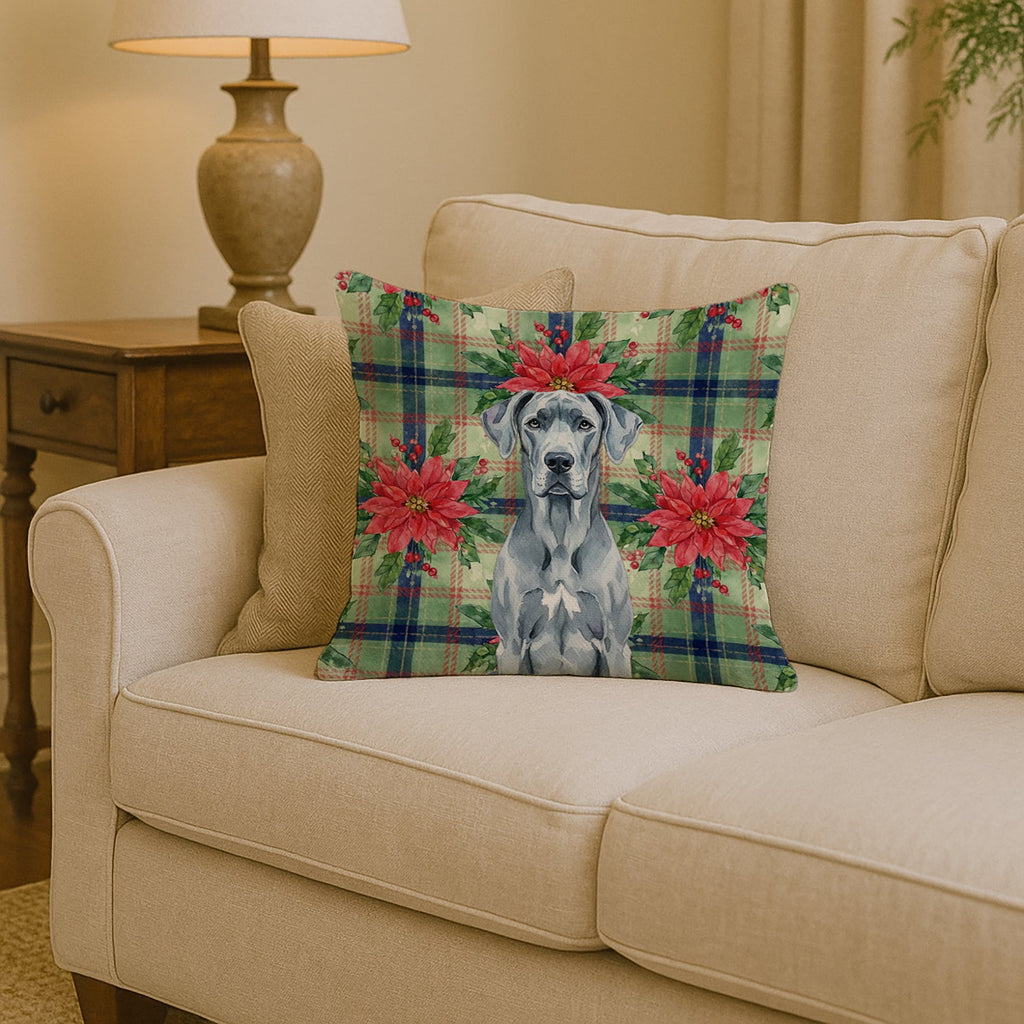 Blue Great Dane Christmas PoinsettIas Decorative Throw Pillow 14x14 Indoor Outdoor Accent Cushion, Fabric Cover with Insert for Sofa, Bed, Porch & Living Room