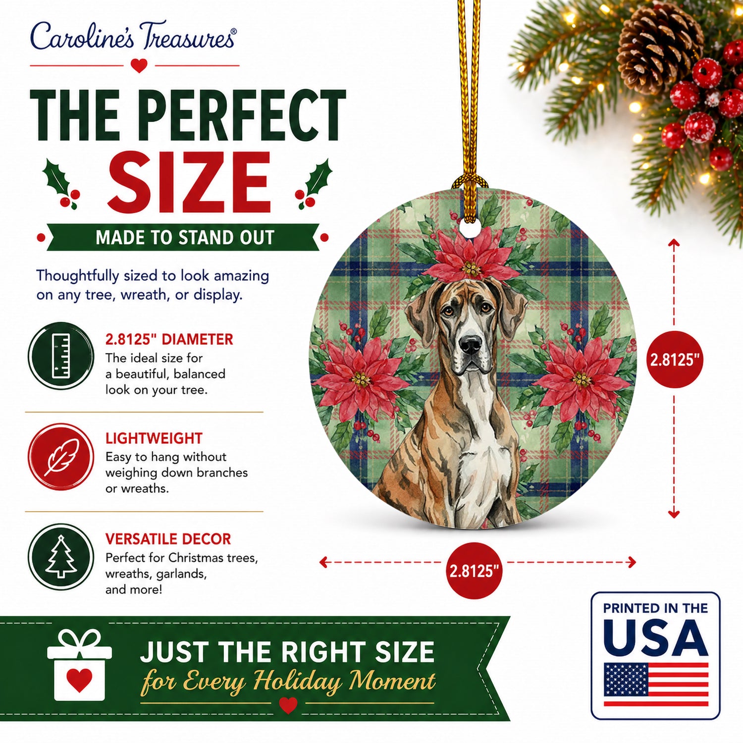 Brindle Great Dane Christmas PoinsettIas Ceramic Ornament Christmas Tree Hanging Decorations for Home Christmas Holiday, Party, Gift, 3 in, Multicolor