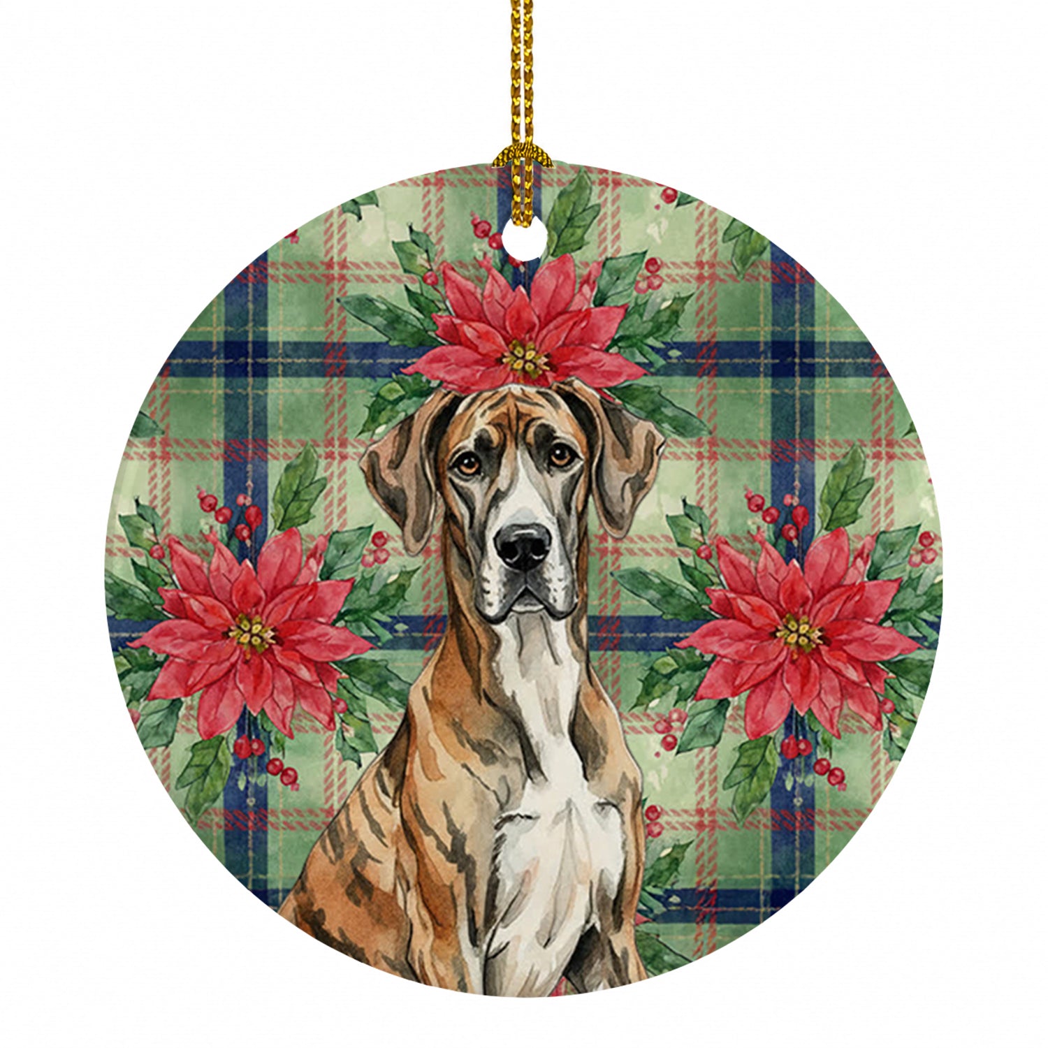Brindle Great Dane Christmas PoinsettIas Ceramic Ornament Christmas Tree Hanging Decorations for Home Christmas Holiday, Party, Gift, 3 in, Multicolor