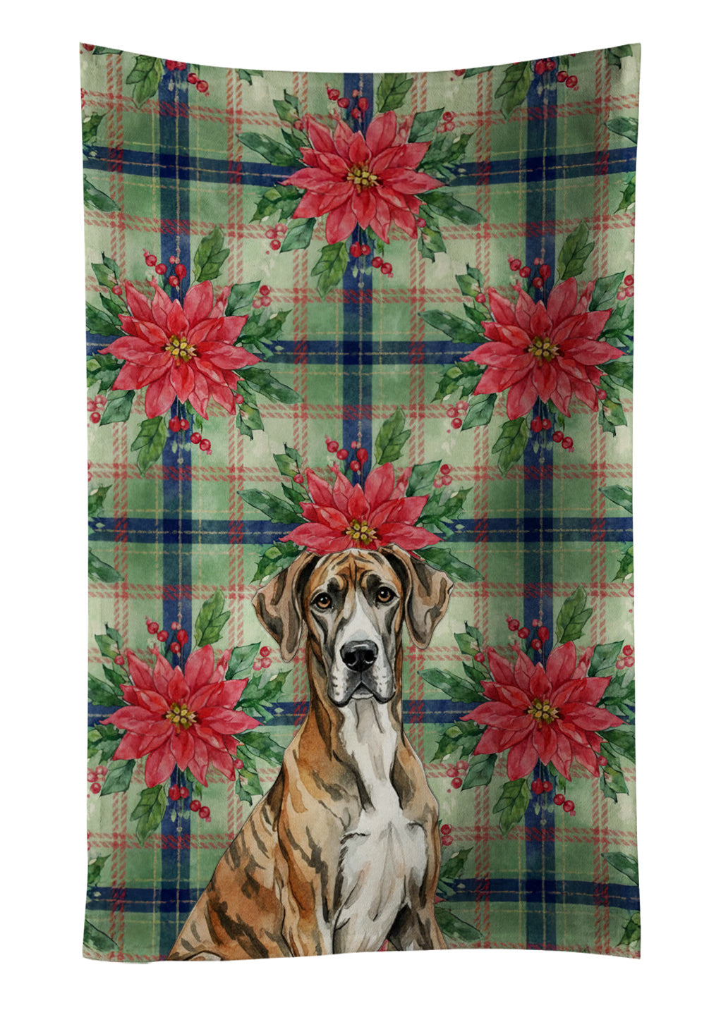 Brindle Great Dane Christmas PoinsettIas Kitchen Towel Velour Plush Front and Cotton Loop Back Machine Washable