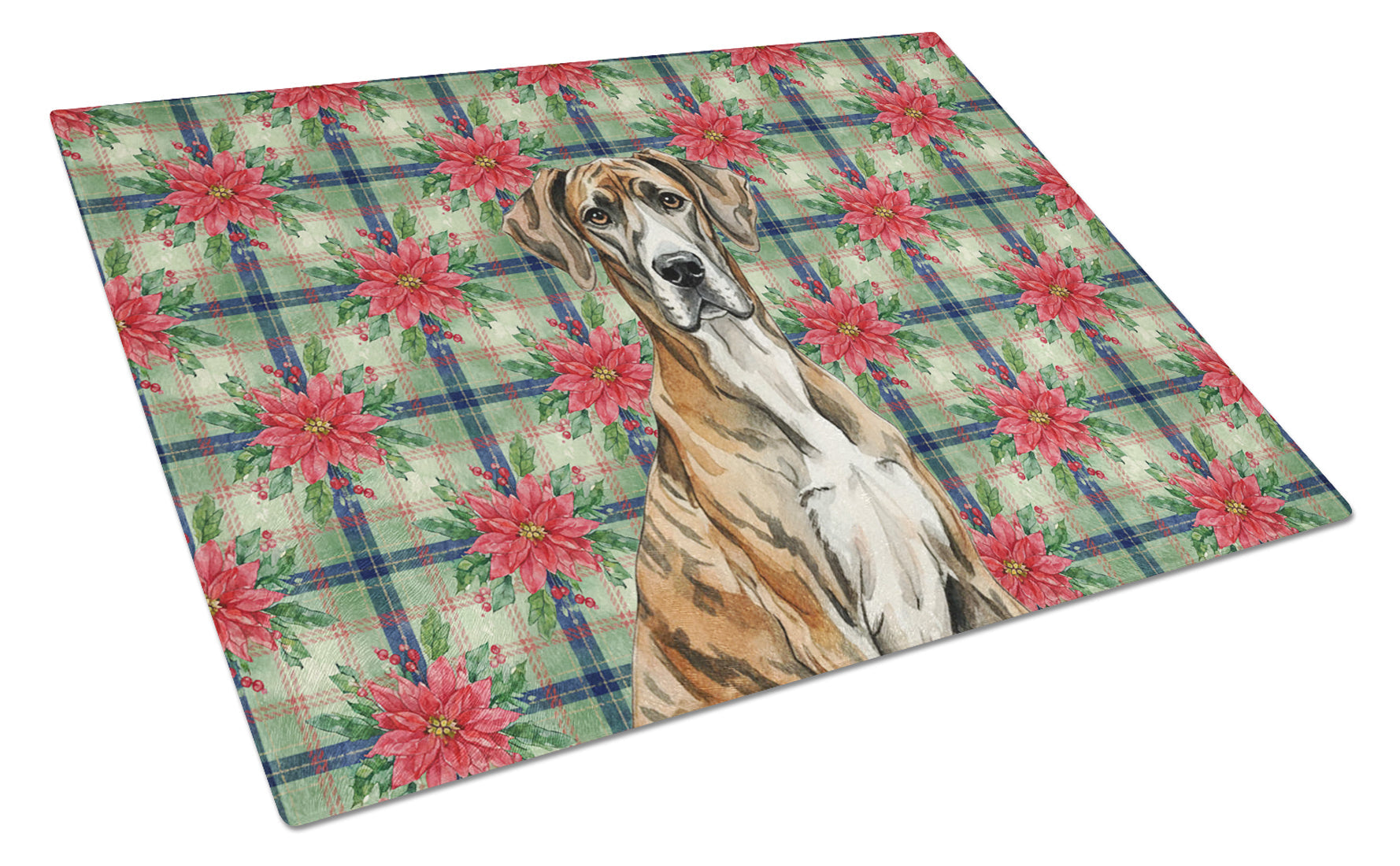 Brindle Great Dane Christmas PoinsettIas Cutting Board Tempered Glass Kitchen Cutting Surface, Heat Resistant Chopping, Non-Slip Feet, Food Prep & Serving
