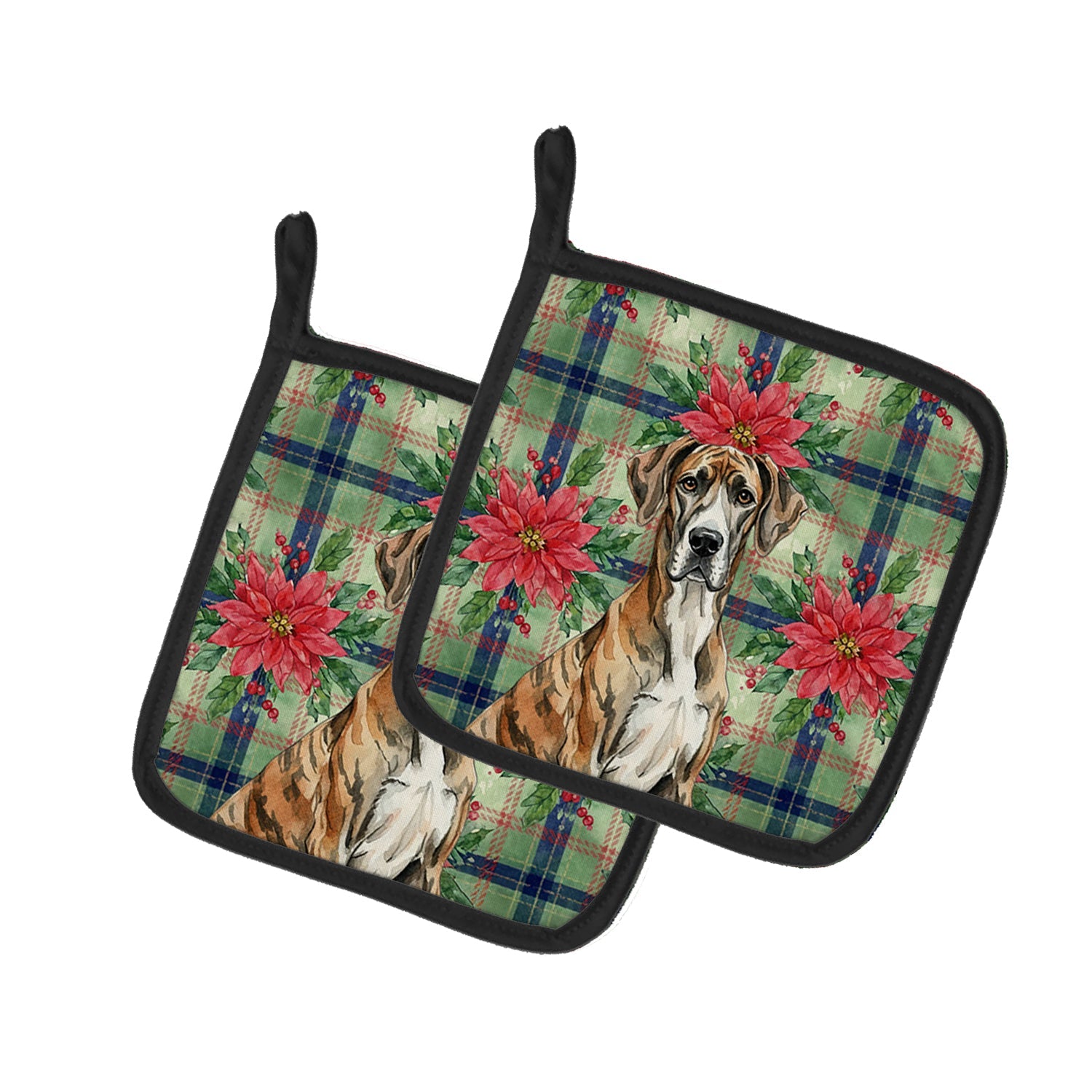 Brindle Great Dane Christmas PoinsettIas Pot Holder Set of 2 Heat Resistant Quilted Hot Pads 7.5 x 7.5 Inch, Insulated Kitchen Trivets for Cooking & Baking