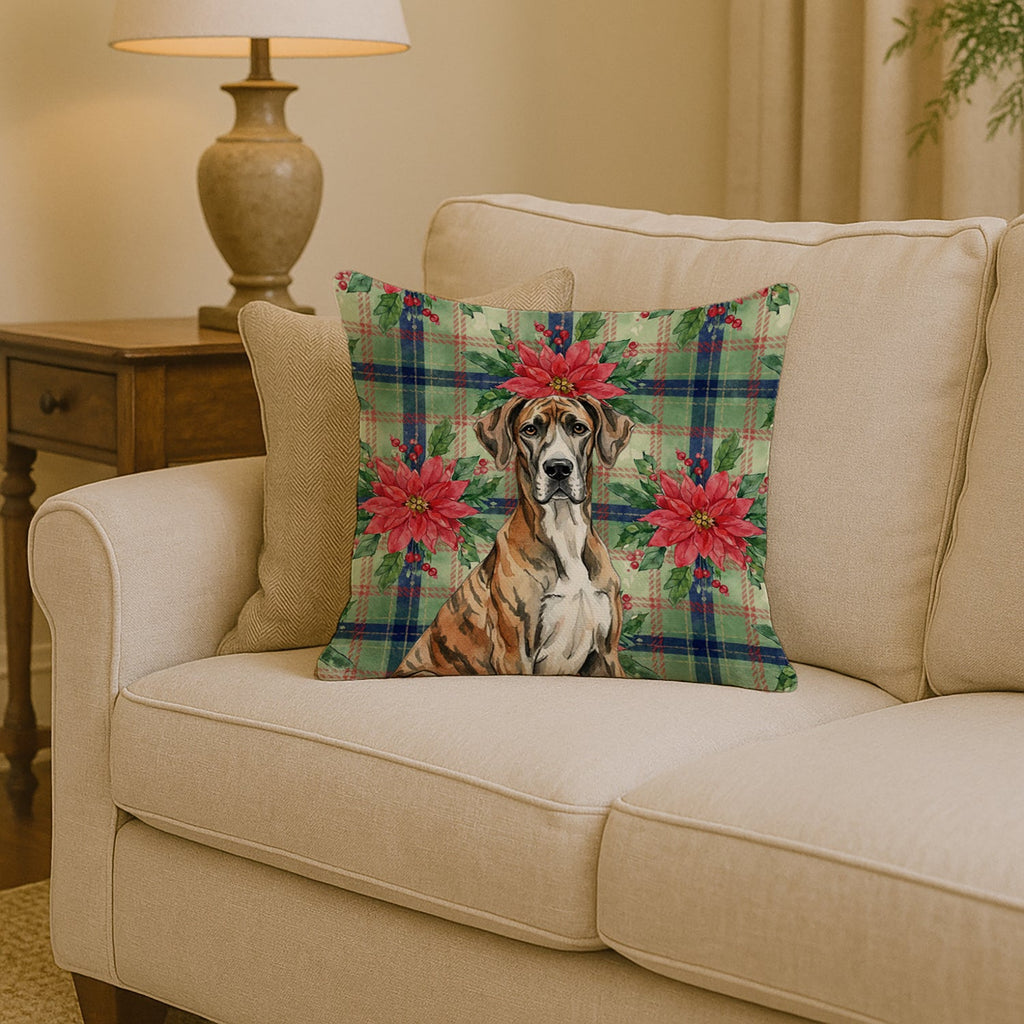 Brindle Great Dane Christmas PoinsettIas Decorative Throw Pillow 14x14 Indoor Outdoor Accent Cushion, Fabric Cover with Insert for Sofa, Bed, Porch & Living Room