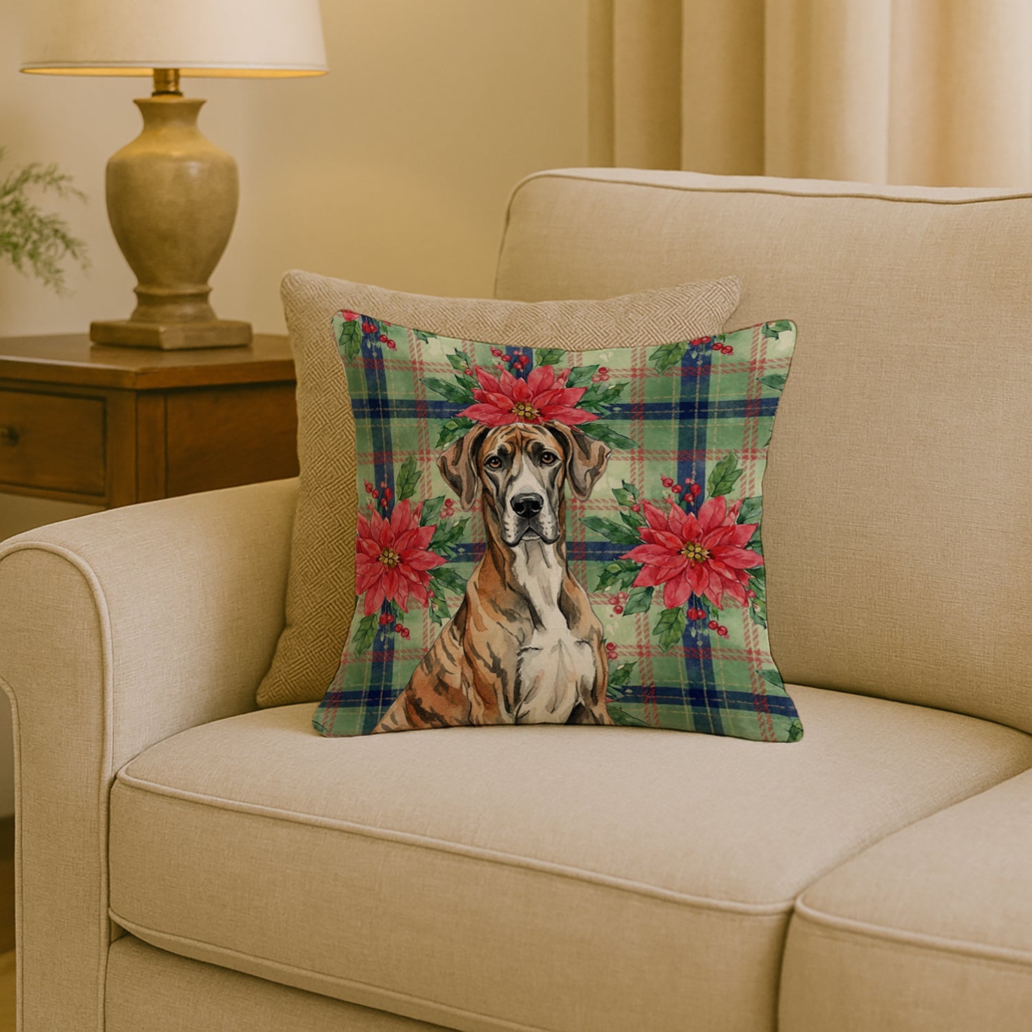 Brindle Great Dane Christmas PoinsettIas Decorative Throw Pillow 18x18 Indoor Outdoor Accent Cushion, Fabric Cover with Insert for Sofa, Bed, Porch & Living Room