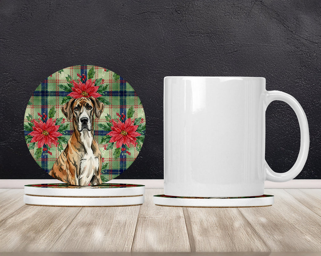 Brindle Great Dane Christmas PoinsettIas Large Sandstone Coasters Pack of 4 Absorbent Round Coasters Decor Gifts for Men or Women, 4 in, Multicolor
