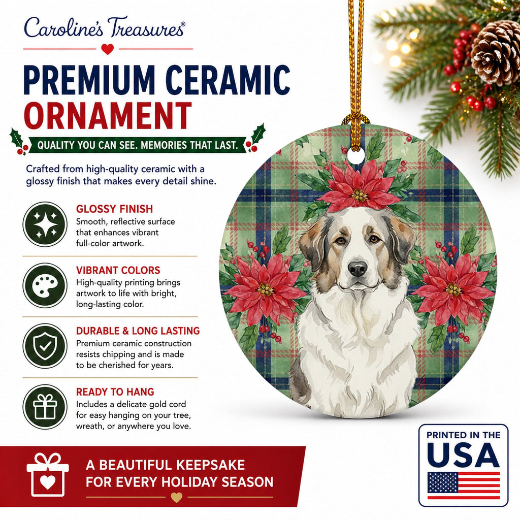 Badger Great Pyrenees Christmas PoinsettIas Ceramic Ornament Christmas Tree Hanging Decorations for Home Christmas Holiday, Party, Gift, 3 in, Multicolor