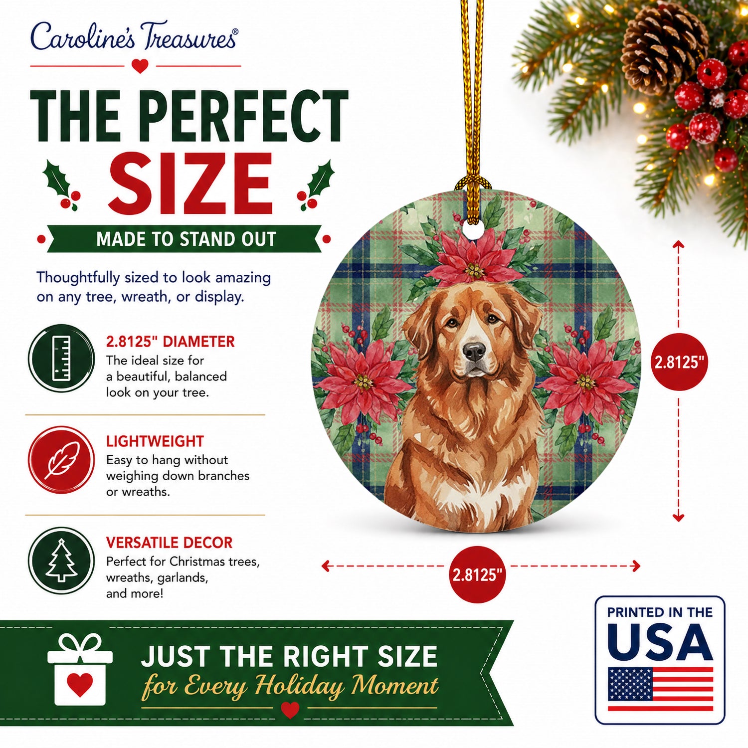 Reddish Brown Great Pyrenees Christmas PoinsettIas Ceramic Ornament Christmas Tree Hanging Decorations for Home Christmas Holiday, Party, Gift, 3 in, Multicolor