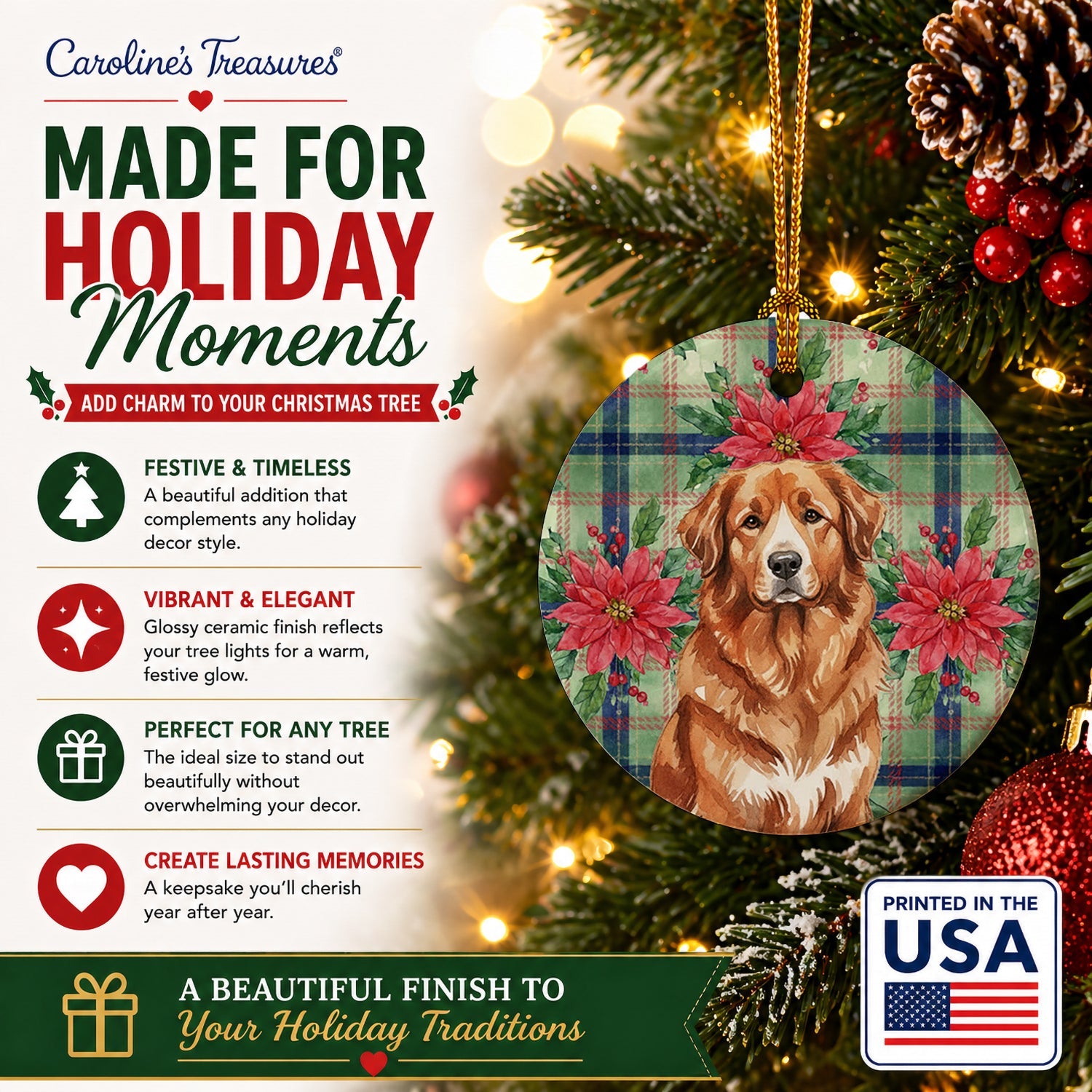 Reddish Brown Great Pyrenees Christmas PoinsettIas Ceramic Ornament Christmas Tree Hanging Decorations for Home Christmas Holiday, Party, Gift, 3 in, Multicolor